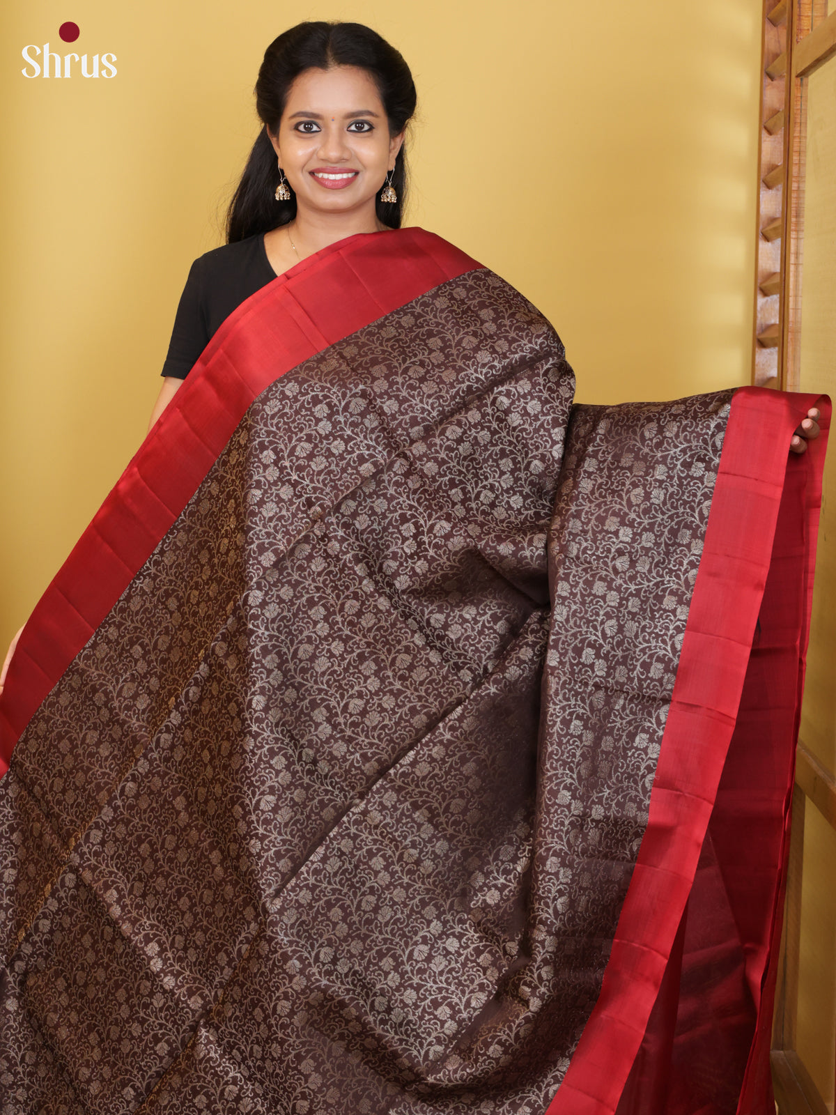 Buy Stunning Coffee Brown Pure Soft Silk Saree With Silver Zari Floral Vines, Deep Red Border & Pallu