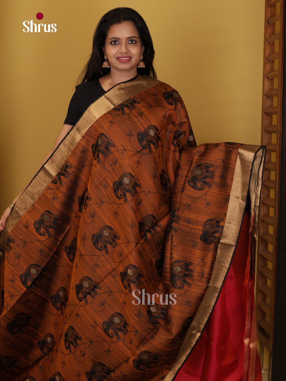 Buy Artistic Copper Pure Soft Silk Saree With Elephant Prints, Kaddi Border & Pink Brocade Pallu