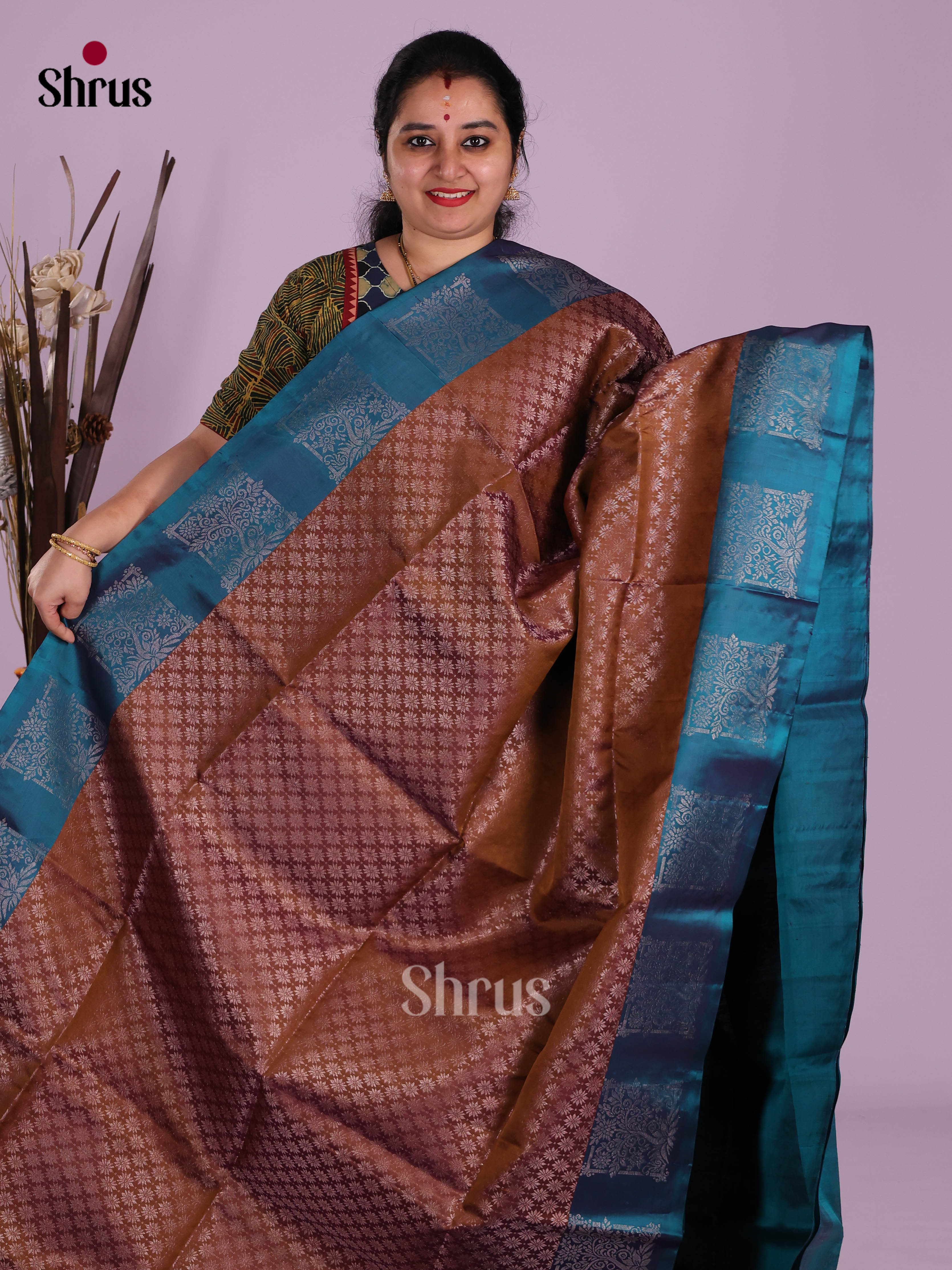 Buy Timeless Copper Pure Soft Silk Saree With Intricately Woven Silver Zari Floral Buttis, Teal Border & Pallu