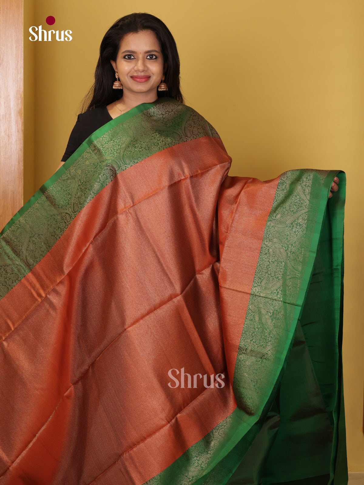 Buy Earthy Copper Pure Soft Silk Saree With Zari Woven Subtle Weave & Bottle Green Brocade Pallu
