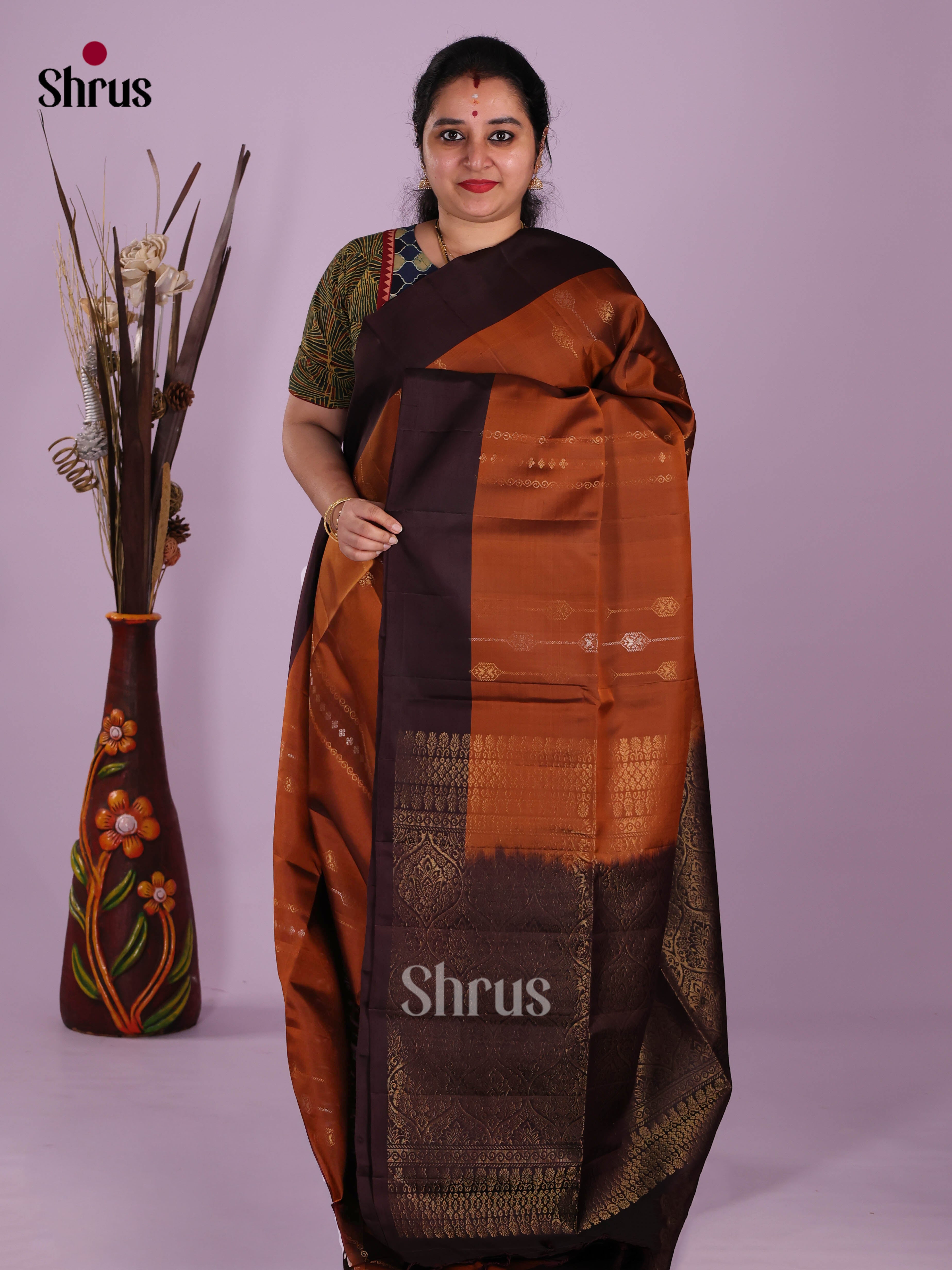 Buy Sophisticated Copper Soft Silk Saree With Geometric Patterns, Brown Border & Brocade Pallu