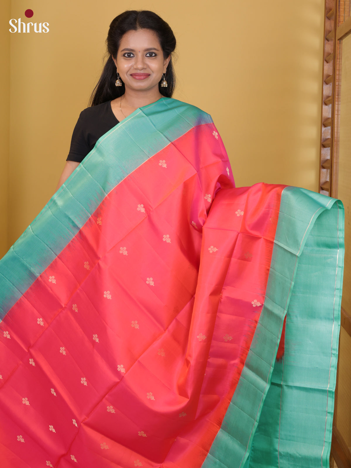 Buy Vivid Coral Pure Soft Silk Saree With Floral Buttas, Sea Green Zari Woven Border & Brocade Pallu
