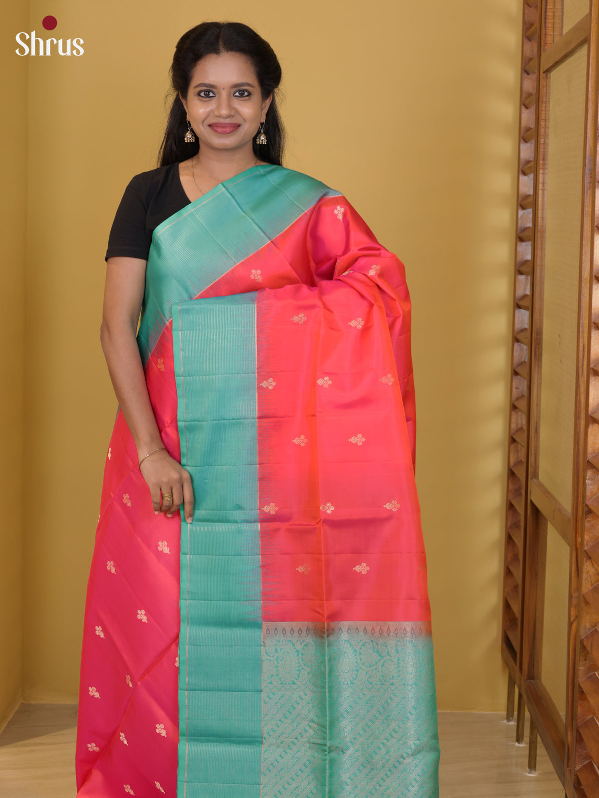 Buy Vivid Coral Soft Silk Saree With Floral Buttas, Sea Green Zari Woven Border & Brocade Pallu