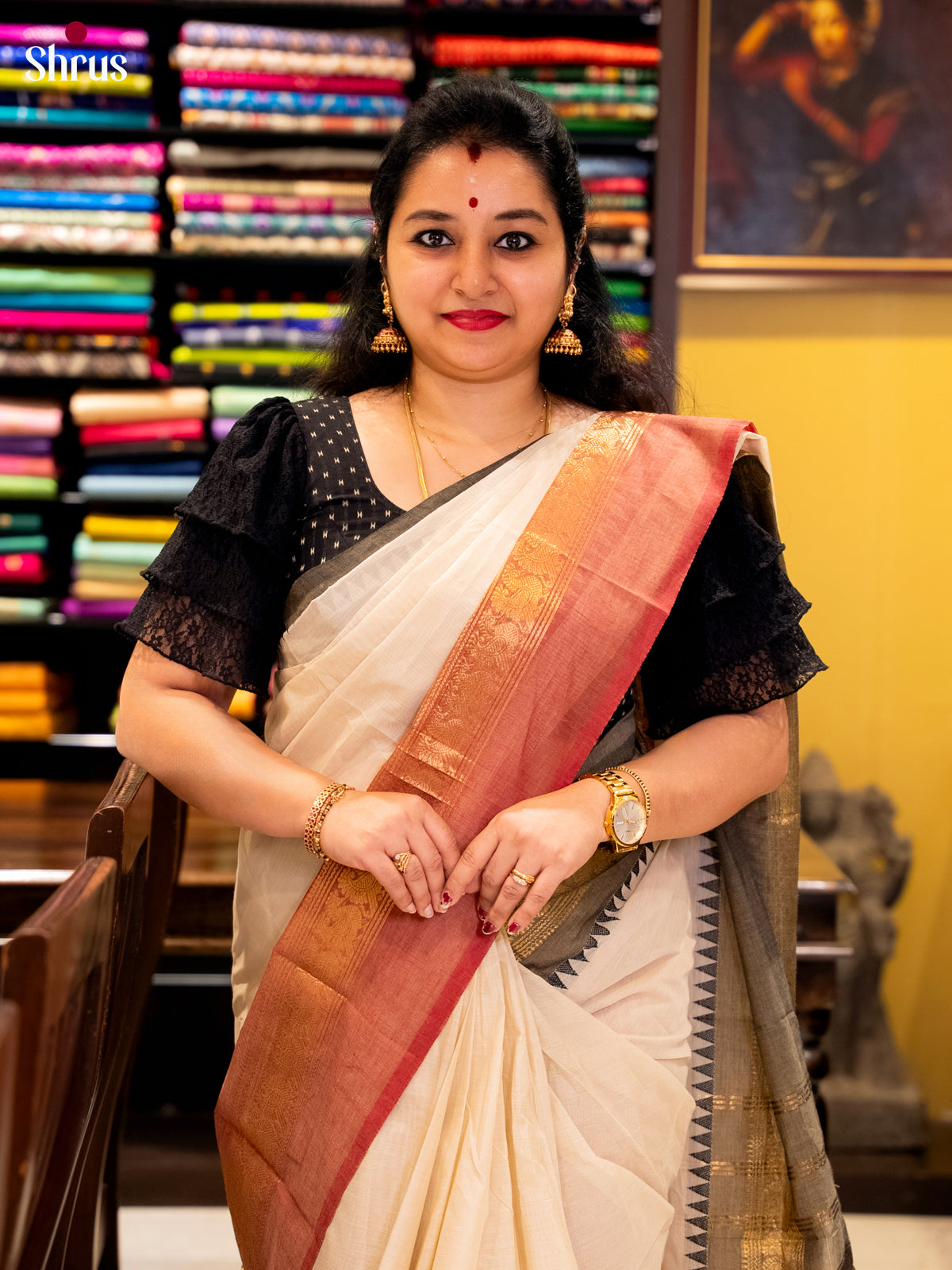 Breezy Cream Chettinad Cotton Sarees With Red & Grey Ganga Jamuna Temple Zari Border