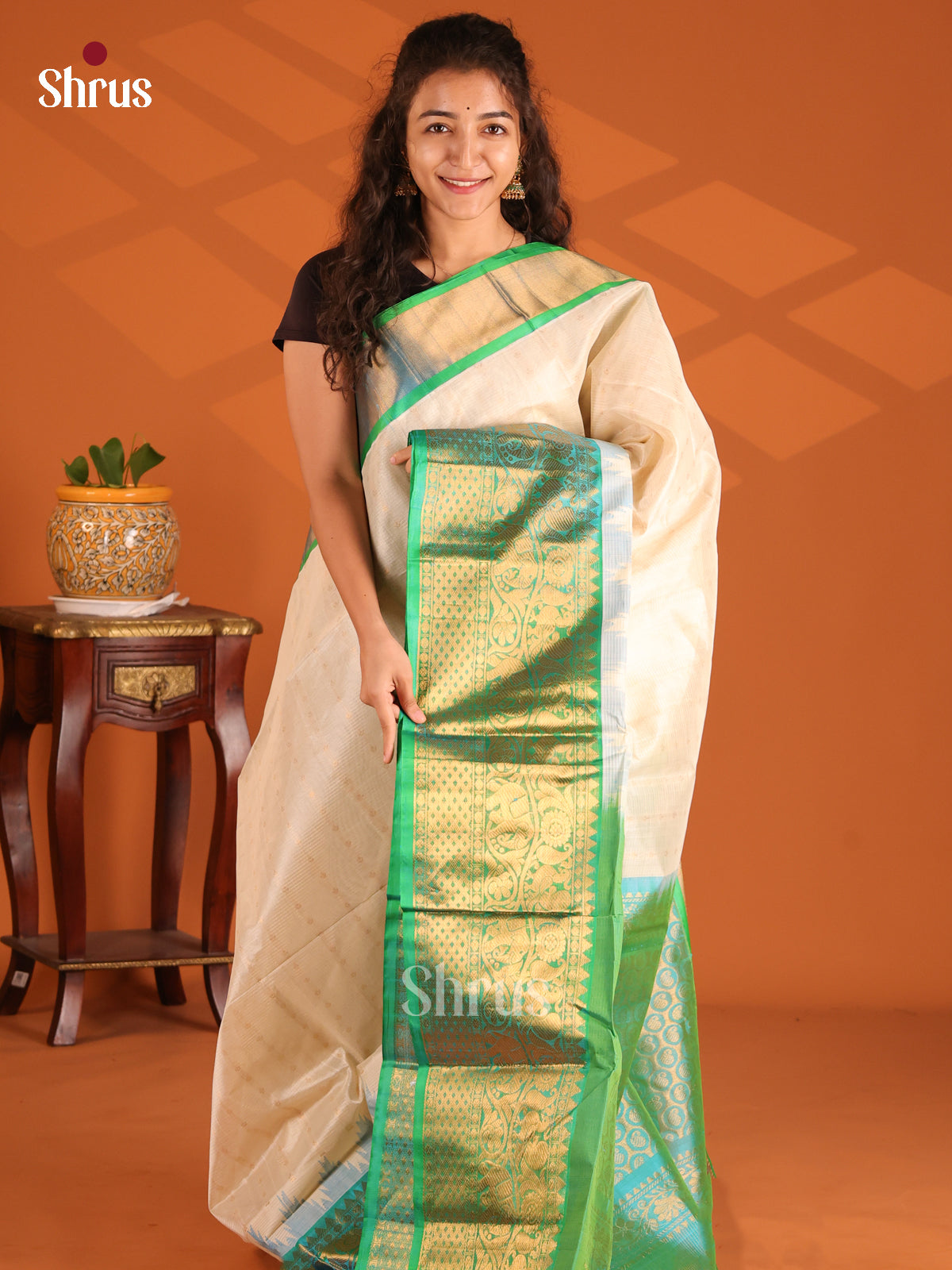 Buy Gorgeous Cream Cotton Silk Saree with Zari Stripes, Buttas & Green Brocade Pallu