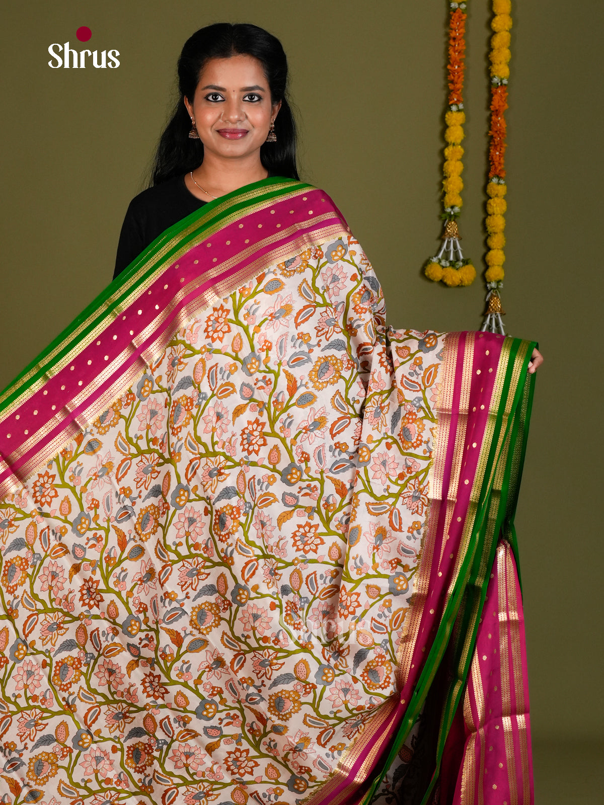 Buy Enchanting Cream Mysore Silk Sarees with Floral Print, Rettapet Zari Border & Purple Pallu