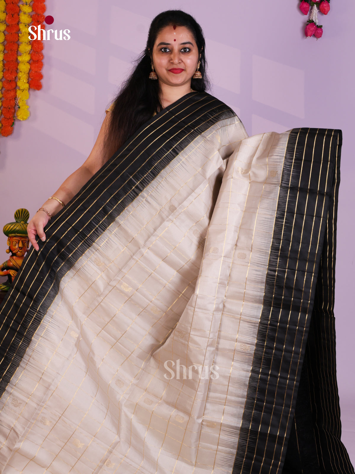Buy Traditional Cream Pure Soft Silk Saree With Zari Lines, Striped Black Border & Brocade Pallu