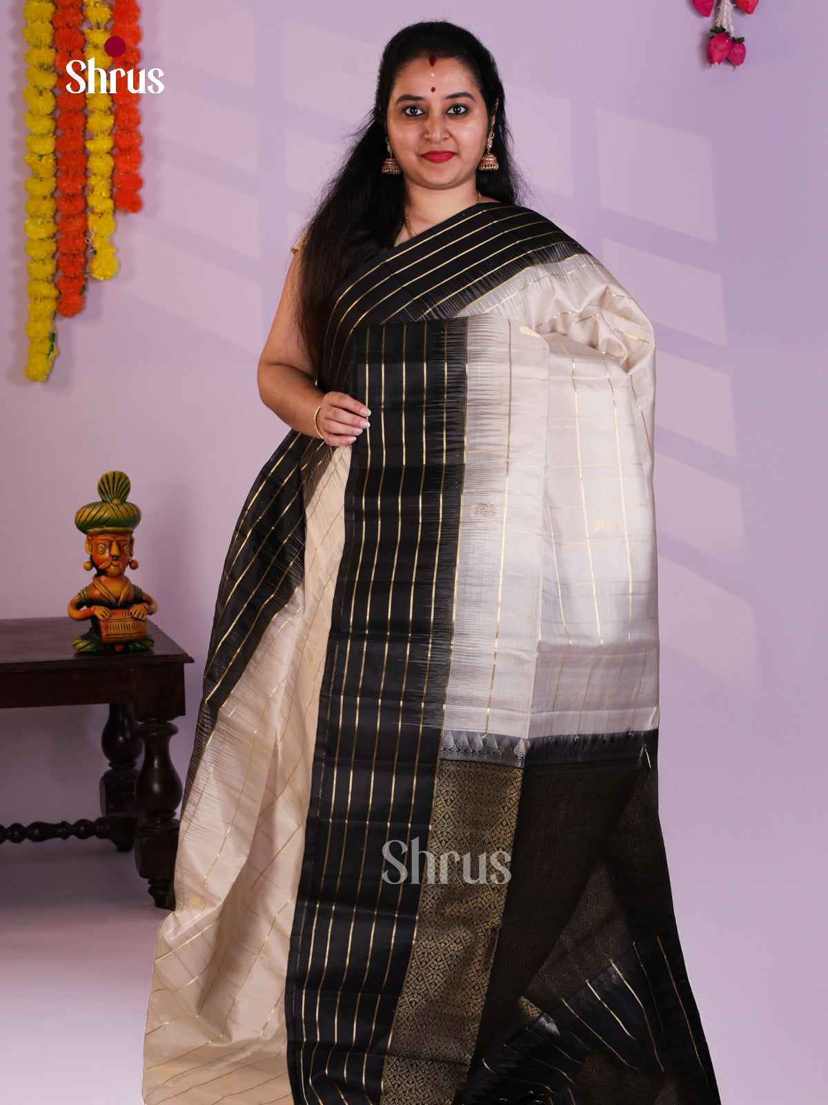 Buy Traditional Cream Soft Silk Saree With Zari Lines, Striped Black Border & Brocade Pallu