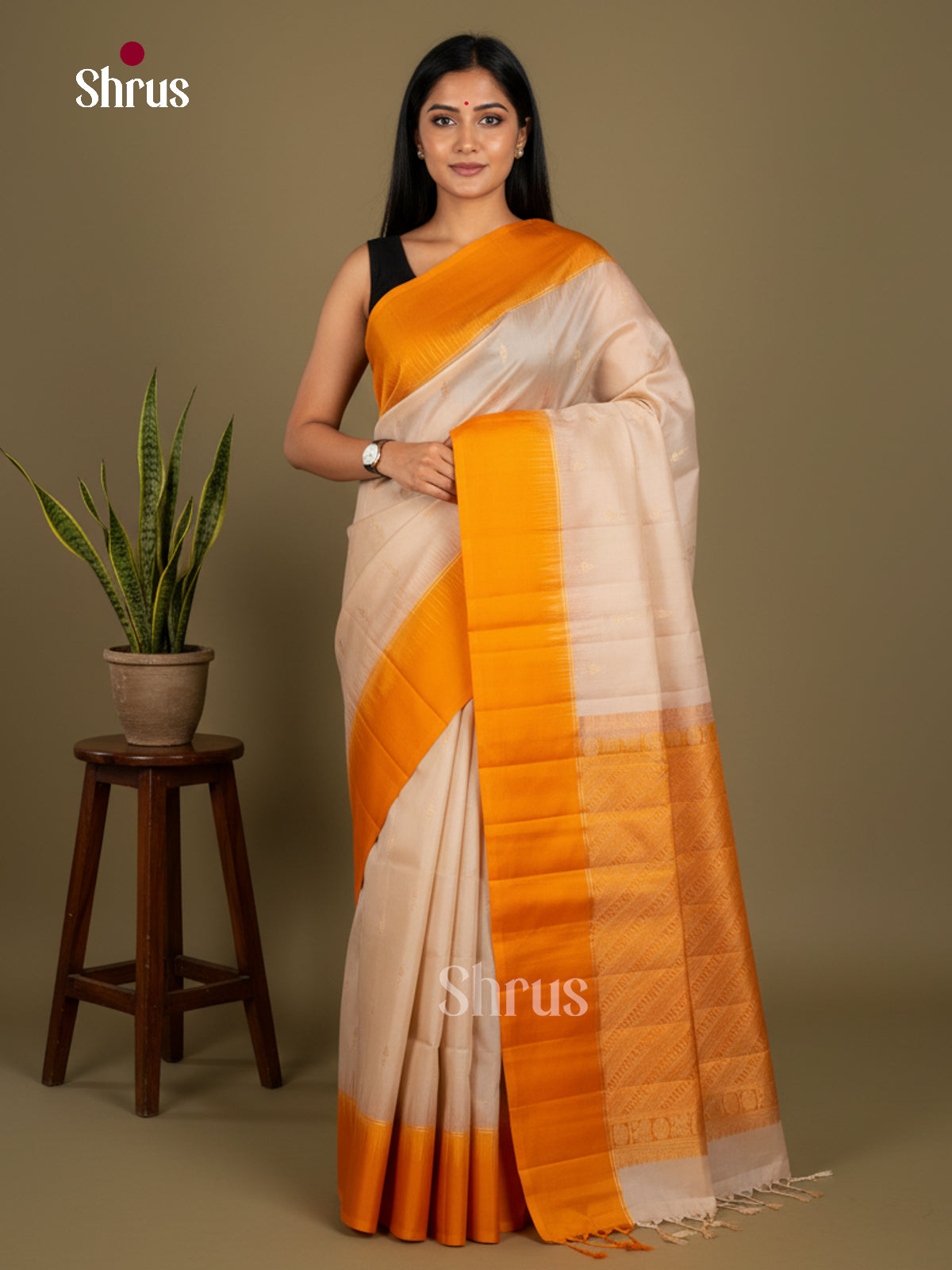 Buy Charming Cream Soft Silk Saree with Gold Floral Buttas, Mustard Border & Brocade Pallu