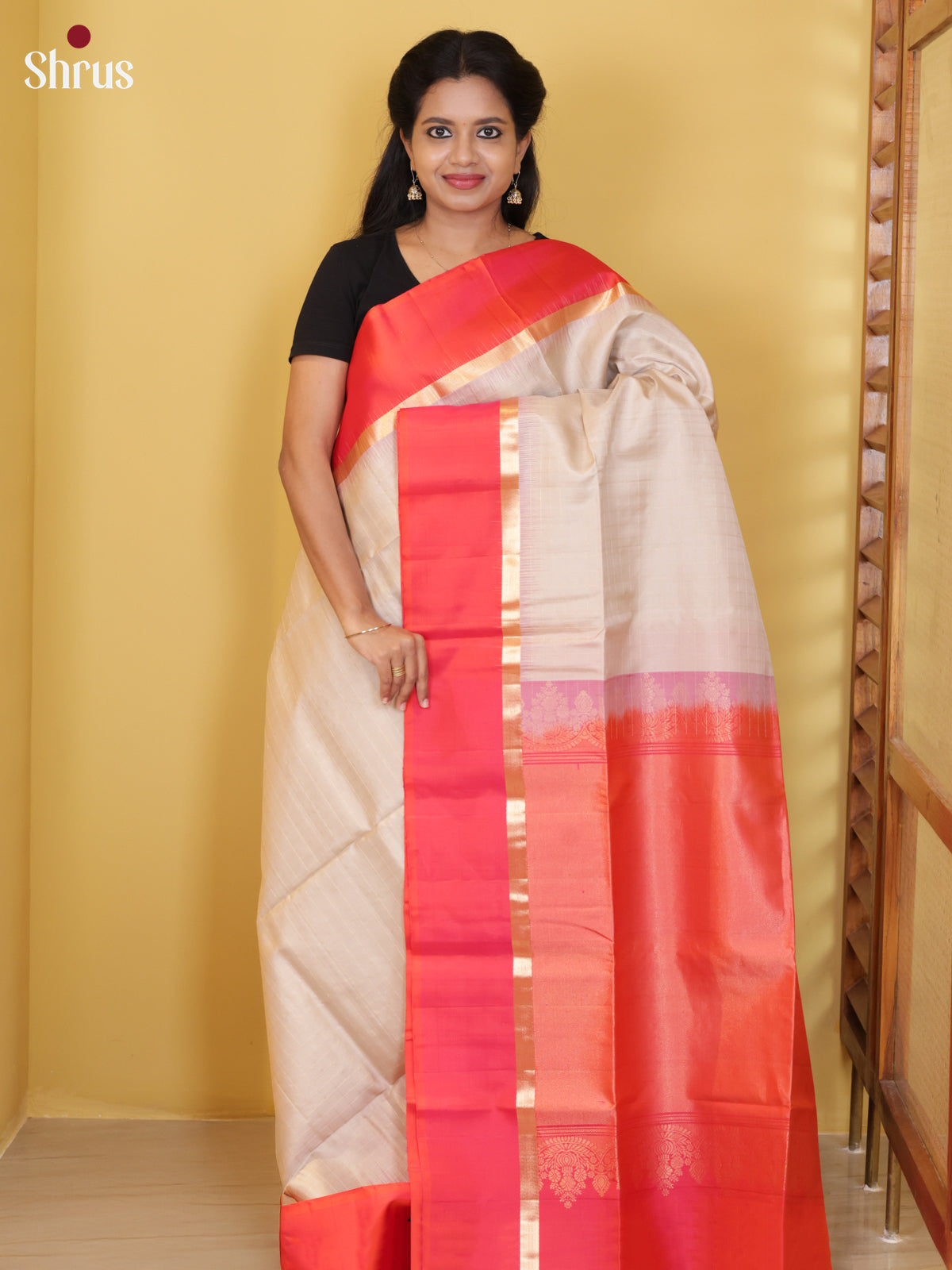 Buy Charming Cream Soft Silk Saree with Zari Checks, Orangish Pink Border & Brocade Pallu