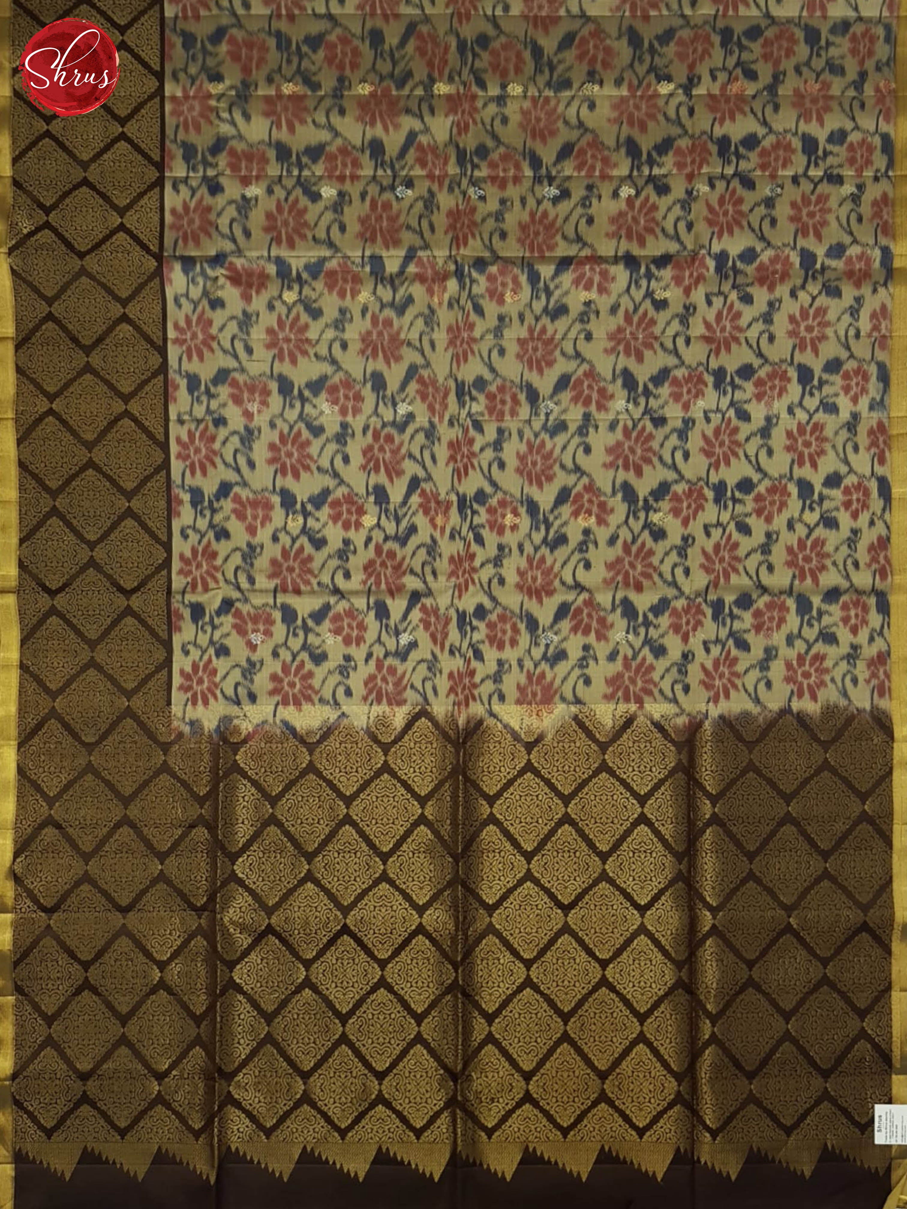 Ethnic Cream Soft Silk Sarees With Ikat Floral Pattern, Brown Zari Border & Pallu