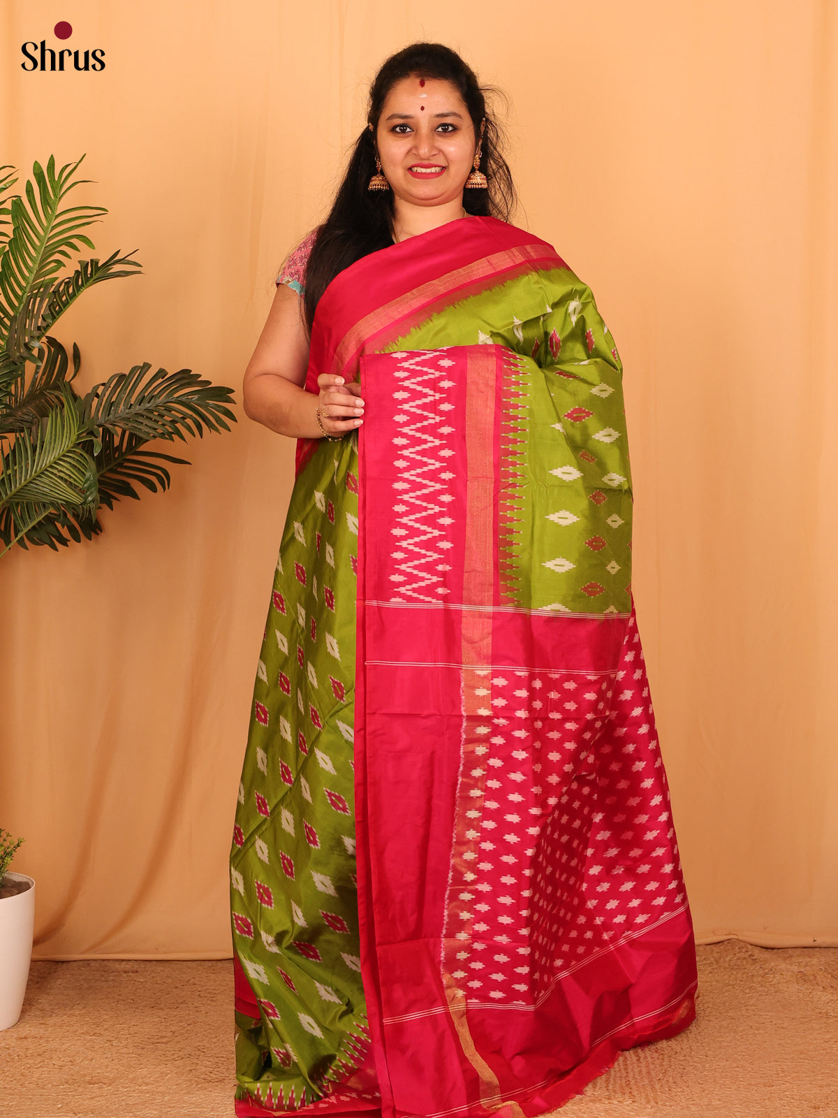 Green & Red - Ikkat Silk Saree - Shop on Shrus.com
