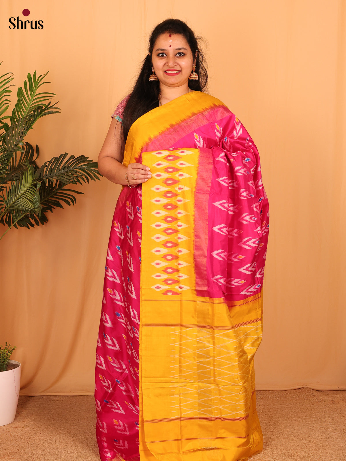 bright Pink & Yellow - Ikkat Silk Saree