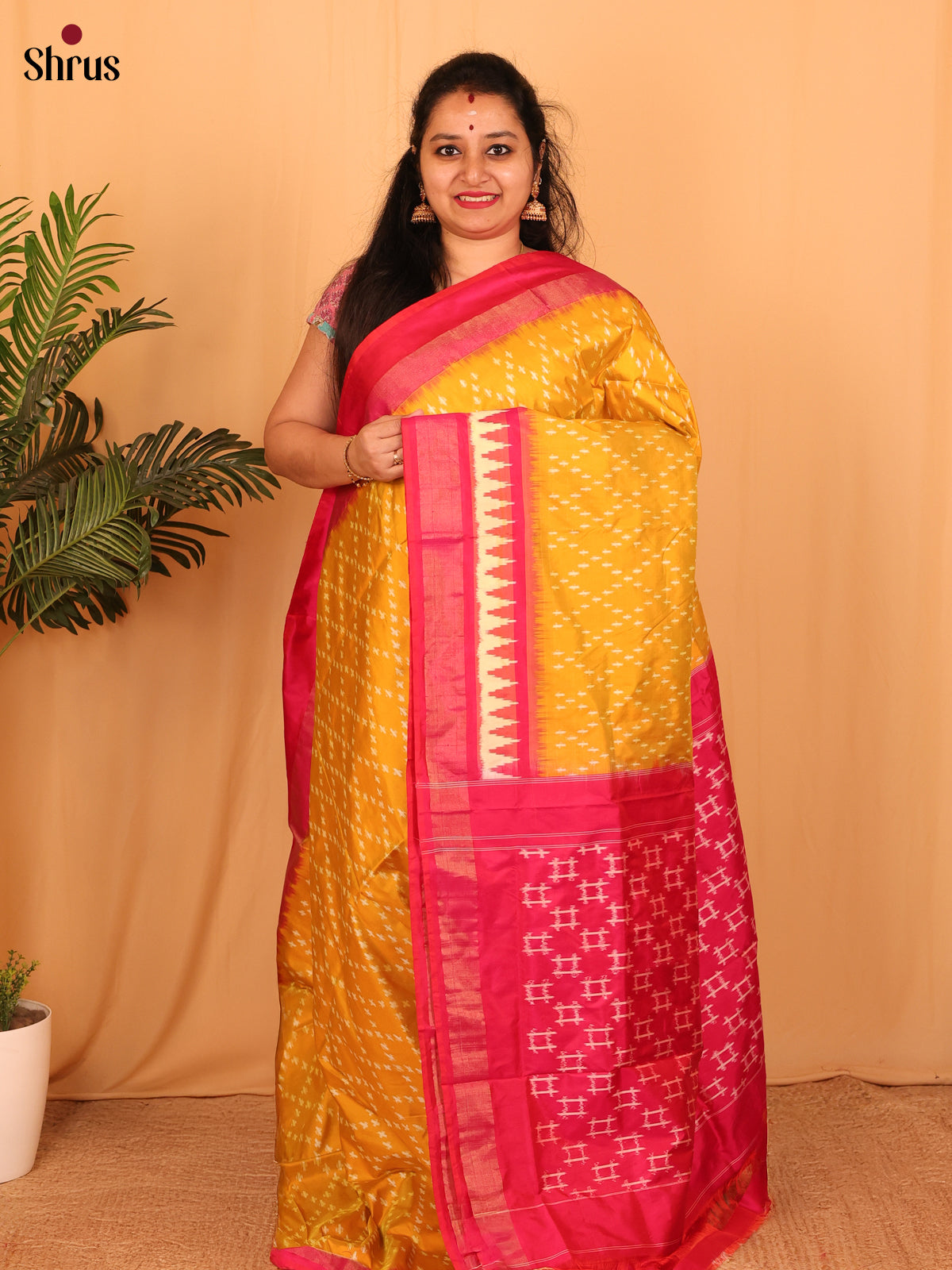 Mustard & Pink - Ikkat Silk Saree - Shop on Shrus.com