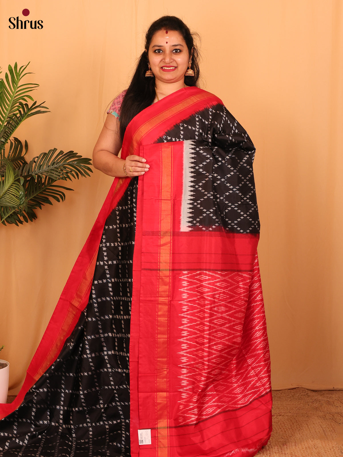 Black & Red - Ikkat Silk Saree - Shop on Shrus.com