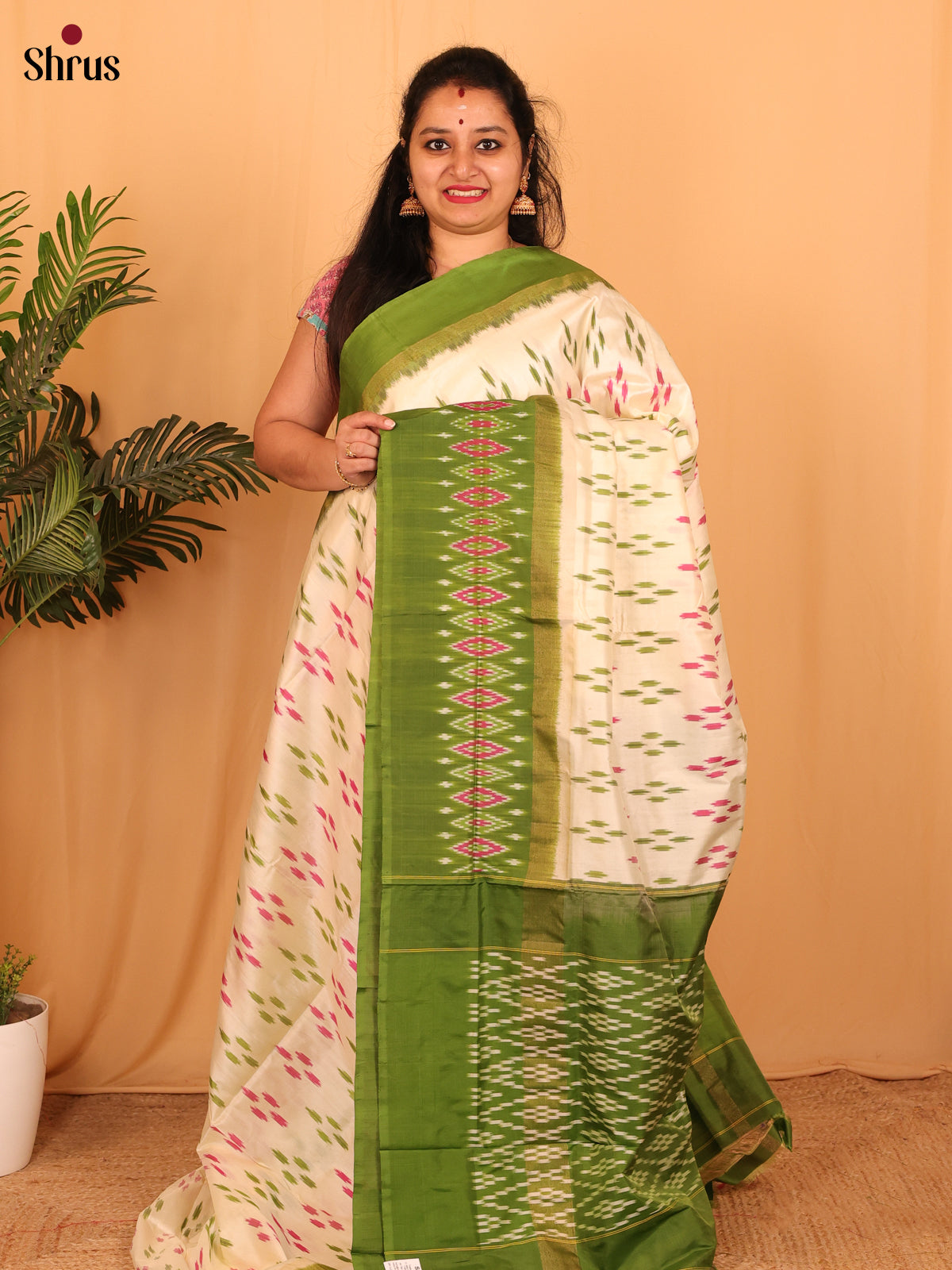 Cream & Green - Ikkat Silk Saree - Shop on Shrus.com