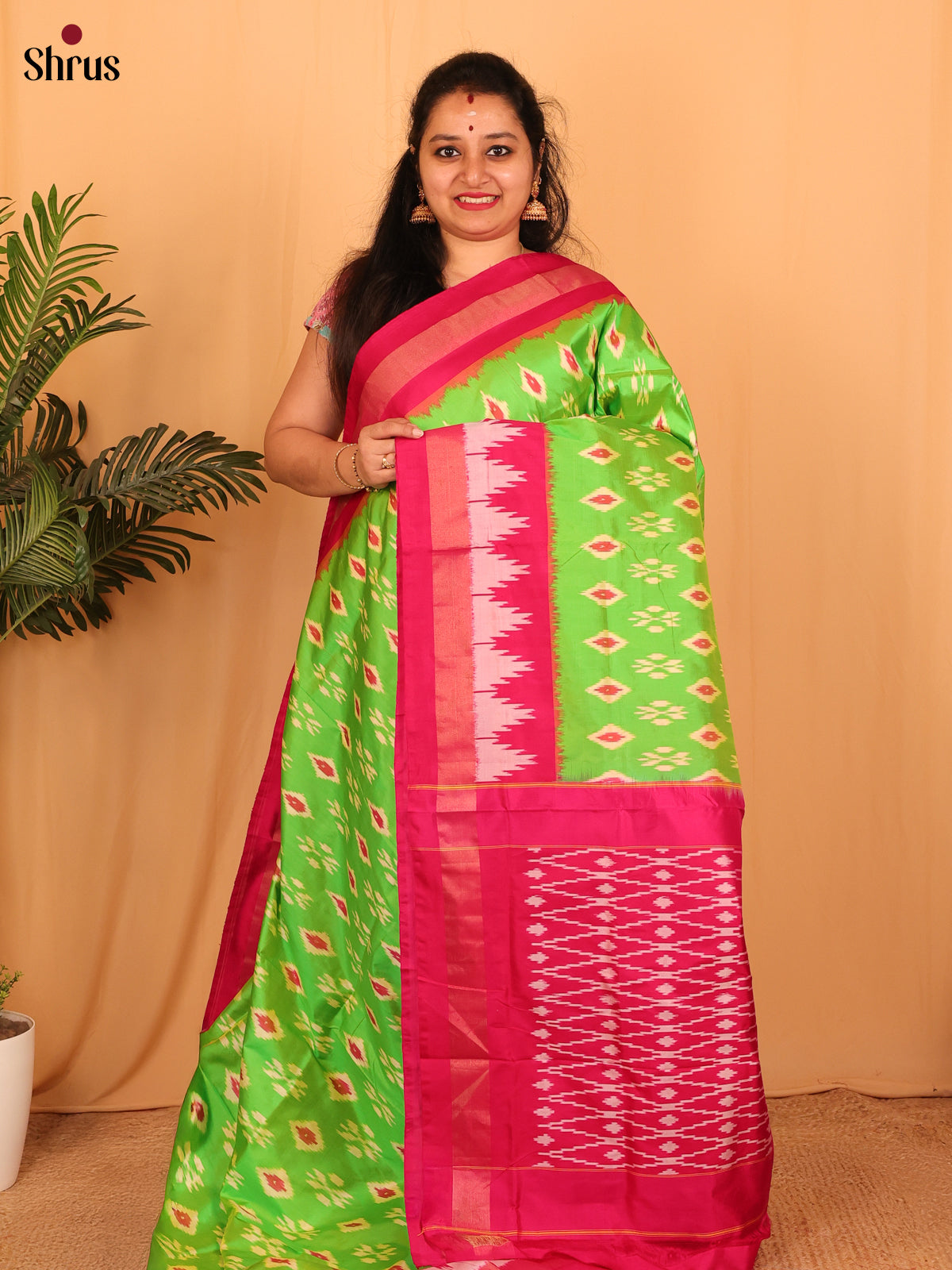 Green & Pink- Ikkat Silk Saree