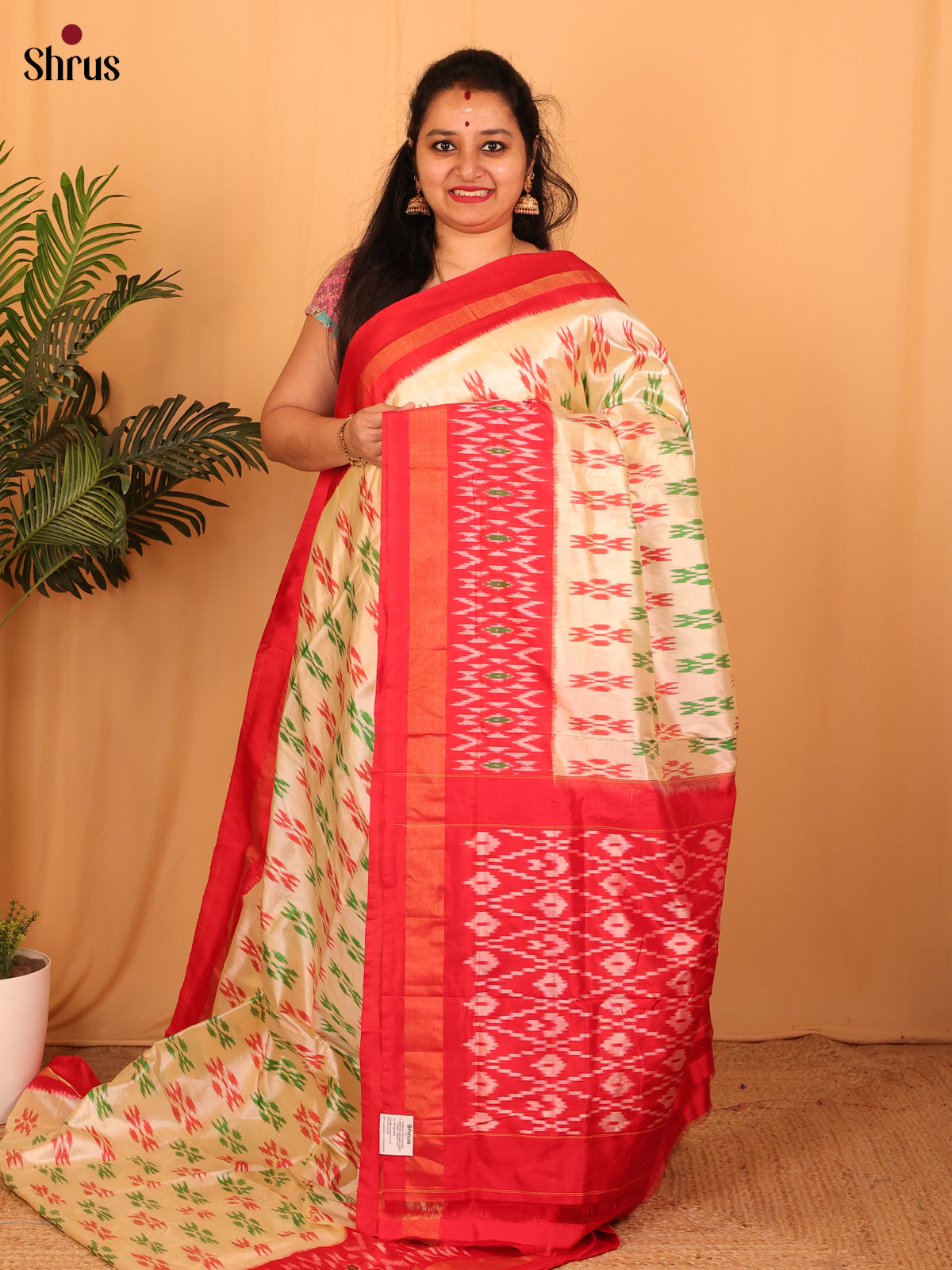 Cream & Red- Ikkat Silk Saree - Shop on Shrus.com