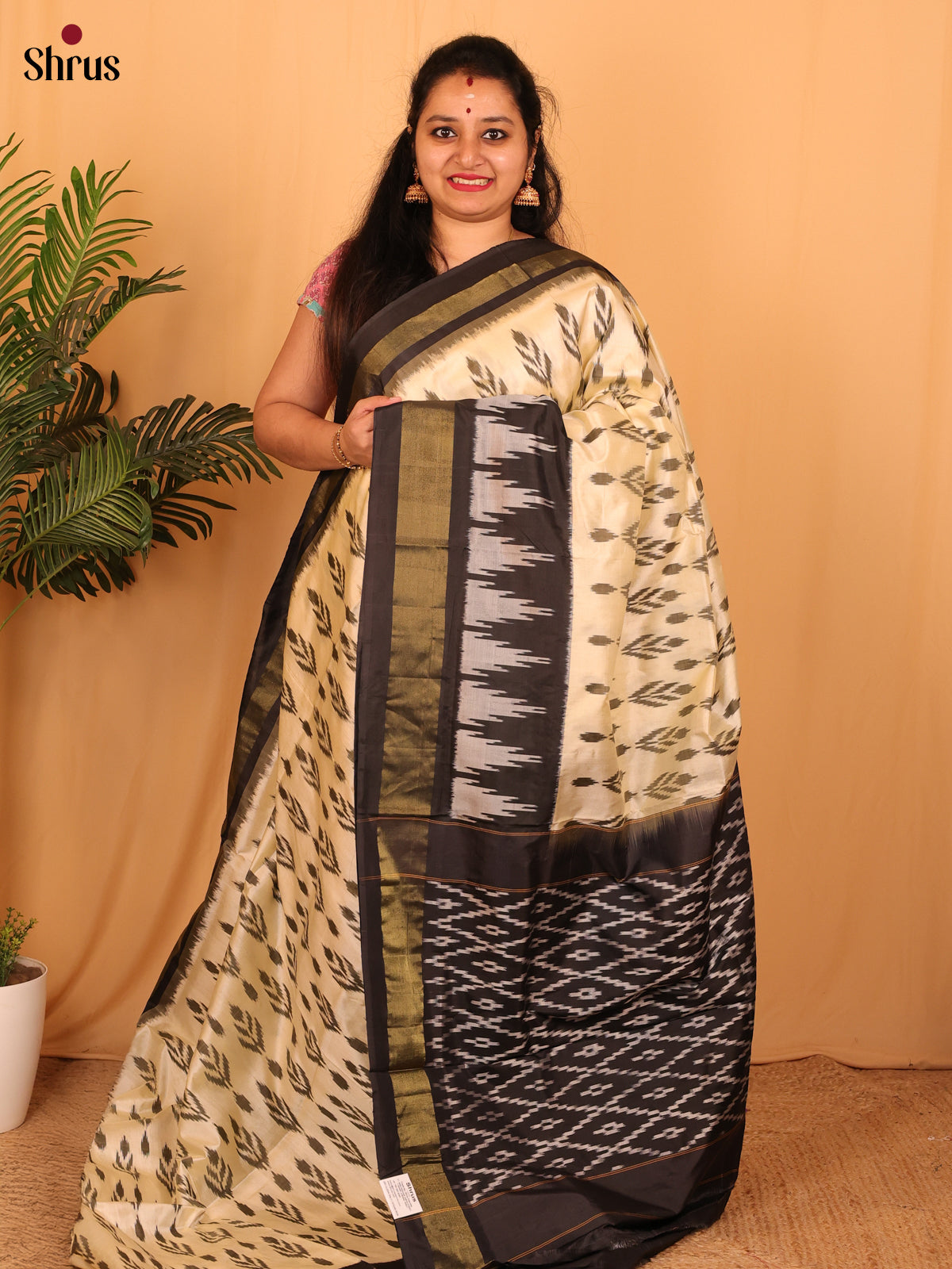 Cream & Black - Ikkat Silk Saree - Shop on Shrus.com