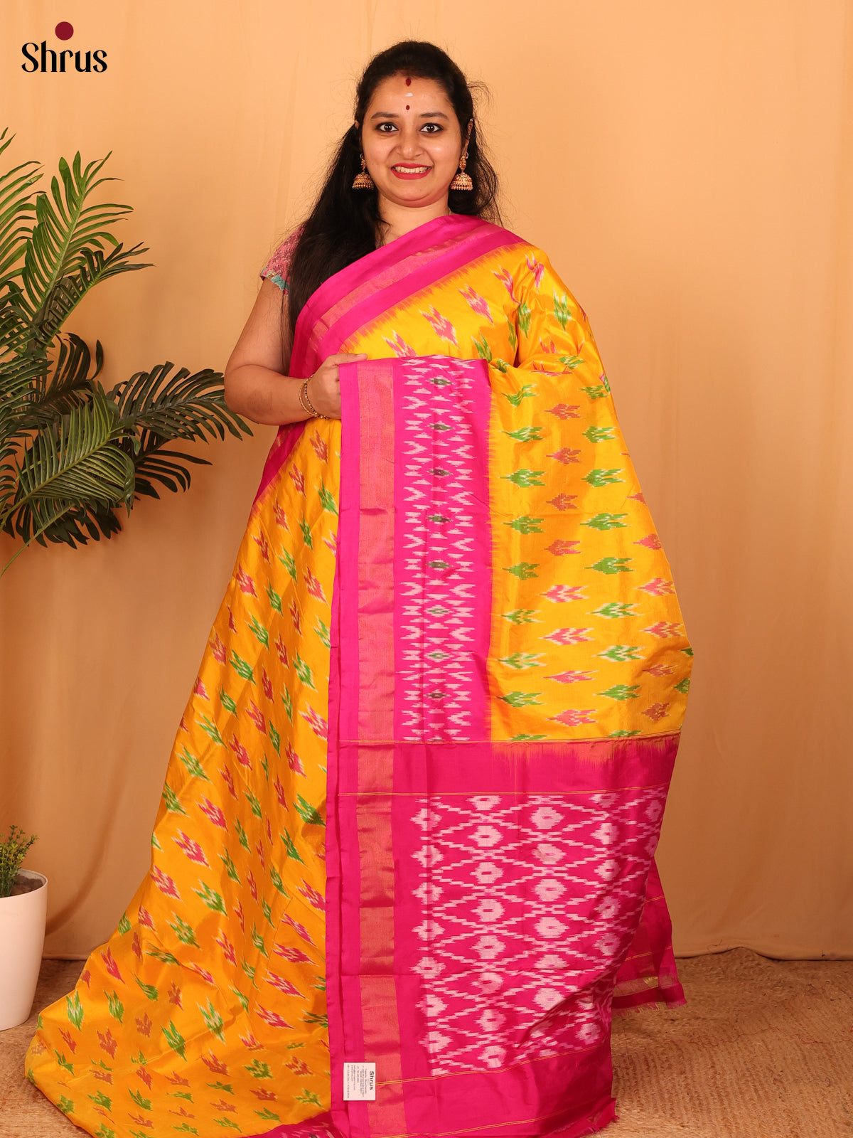 Yellow & Pink - Ikkat Silk Saree - Shop on Shrus.com