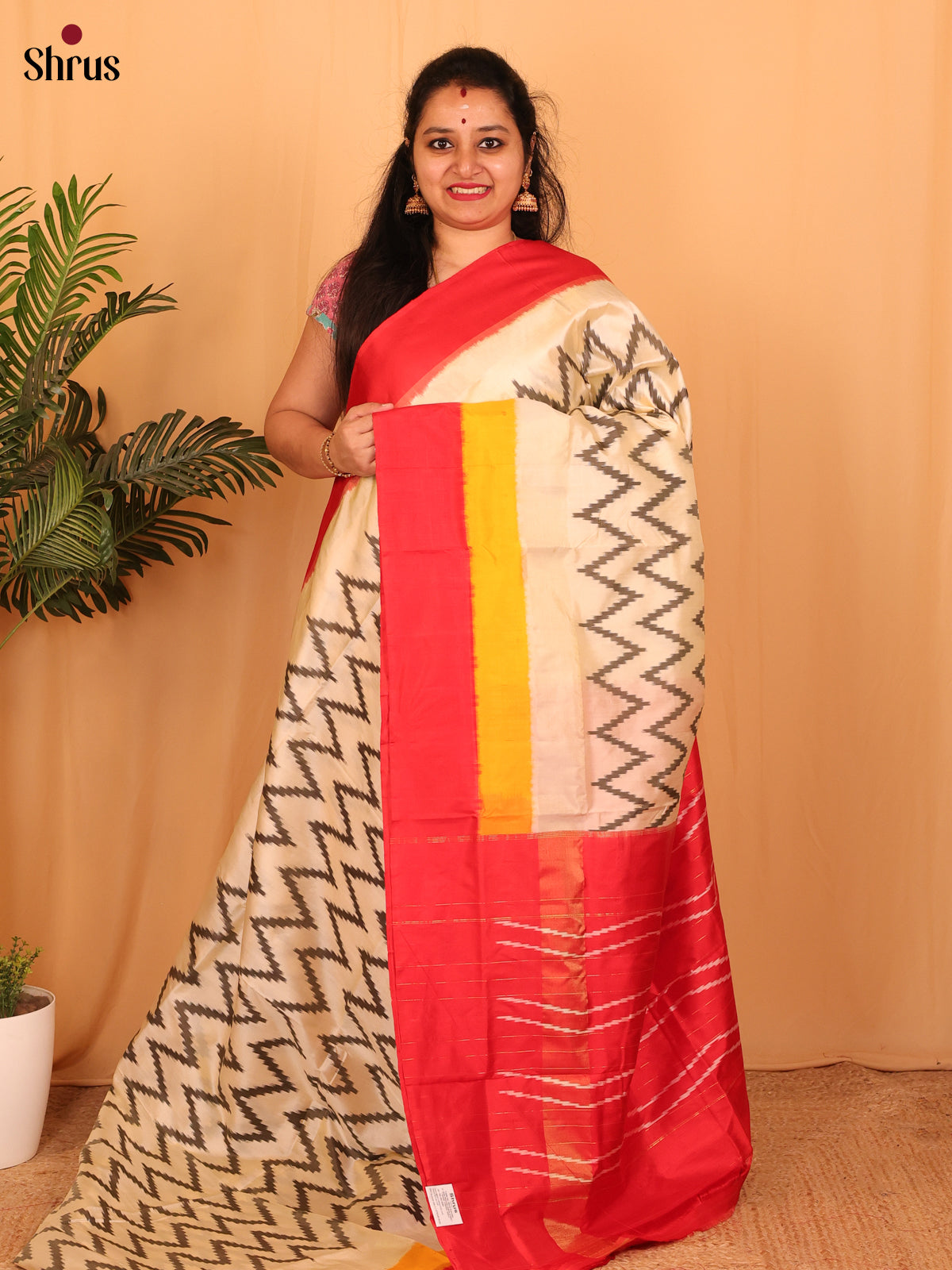 Cream & Red - Ikkat Silk Saree - Shop on Shrus.com