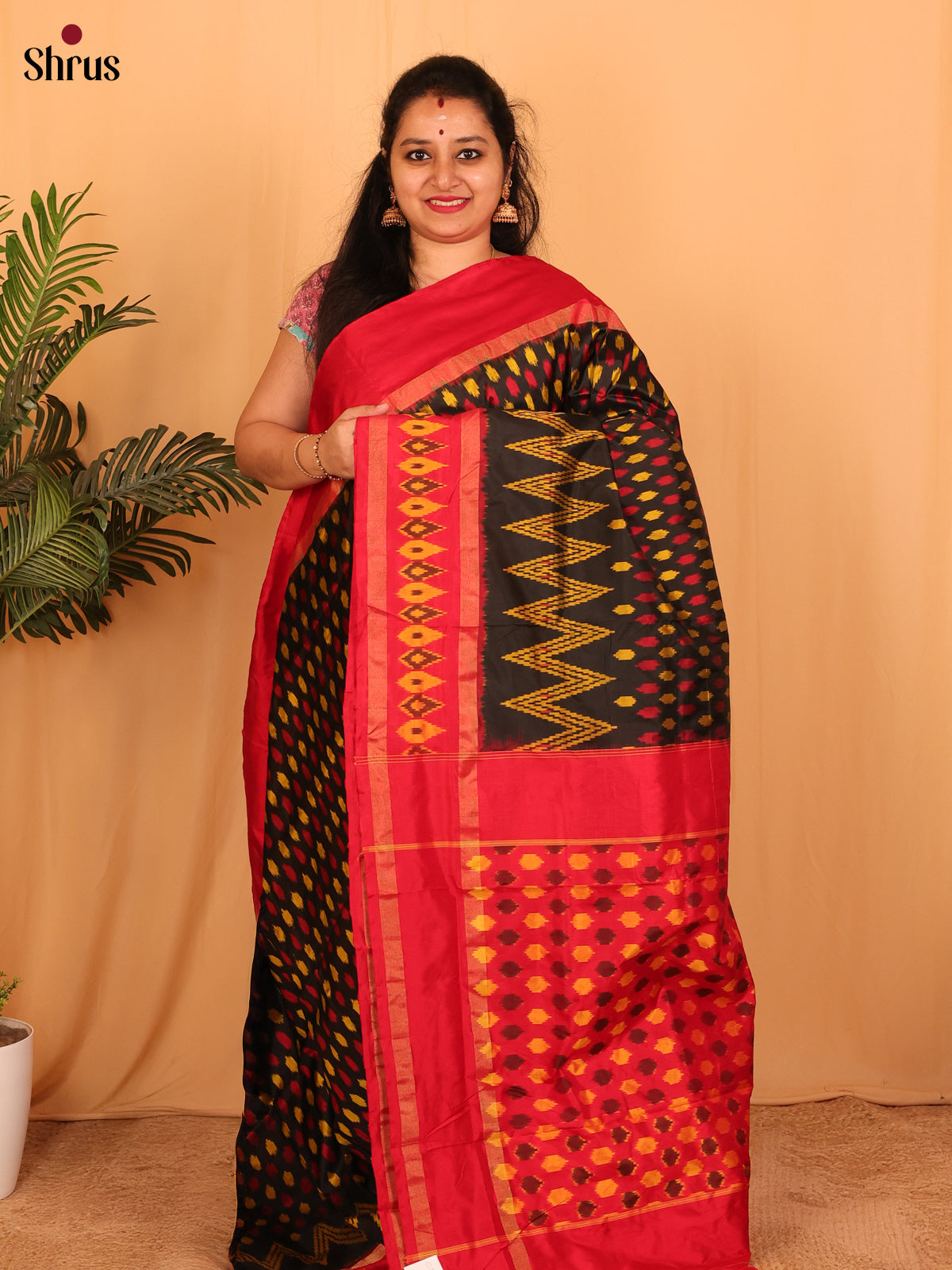 Black & Red - Ikkat Silk Saree with designs