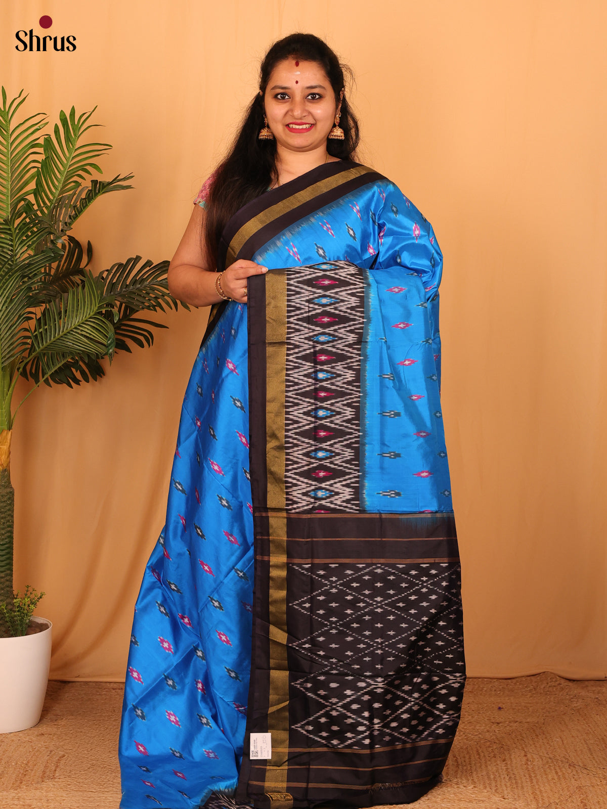 Blue & Black- Ikkat Silk Saree - Shop on Shrus.com