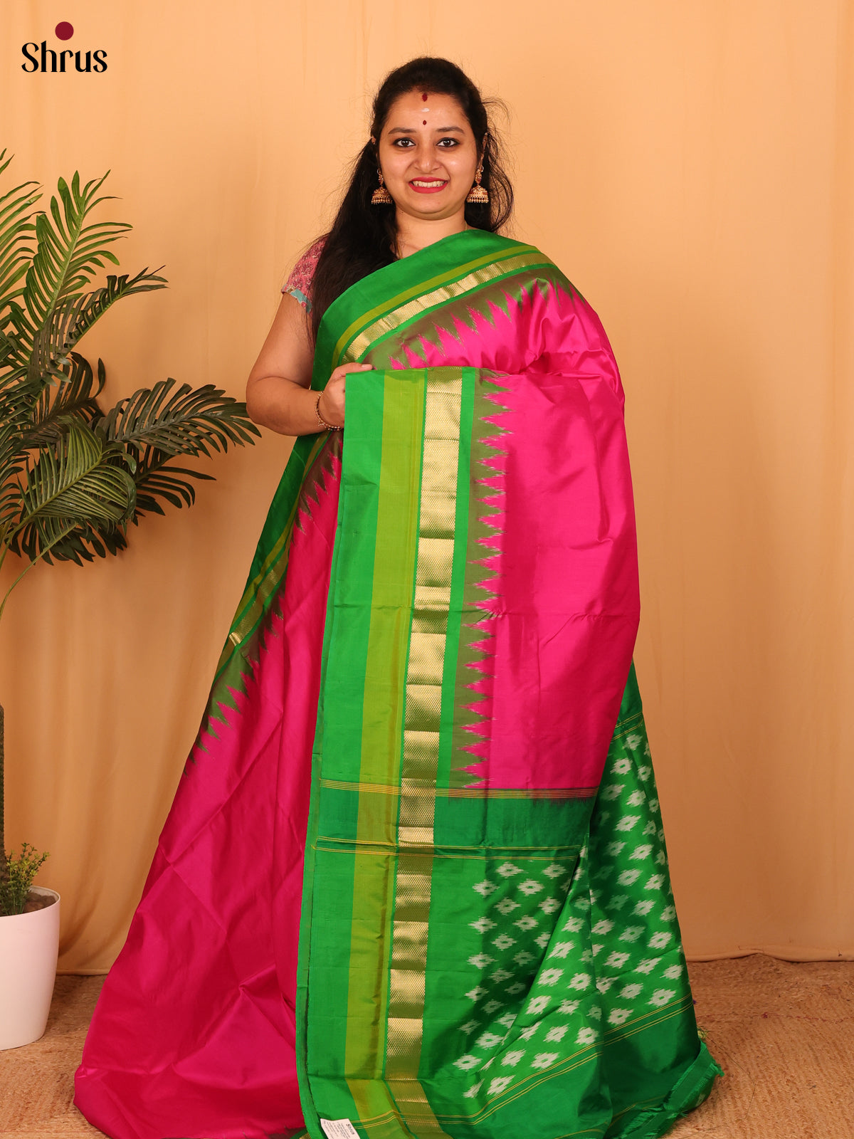 Pink & Green - Ikkat Silk Saree - Shop on Shrus.com