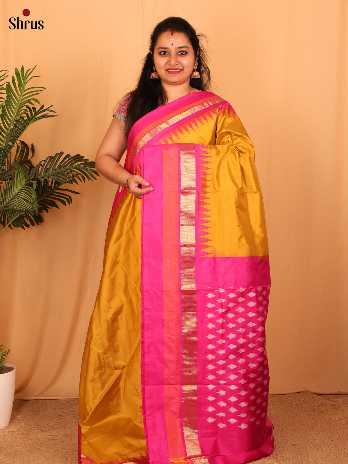 Mustard & Pink - Ikkat Silk Saree