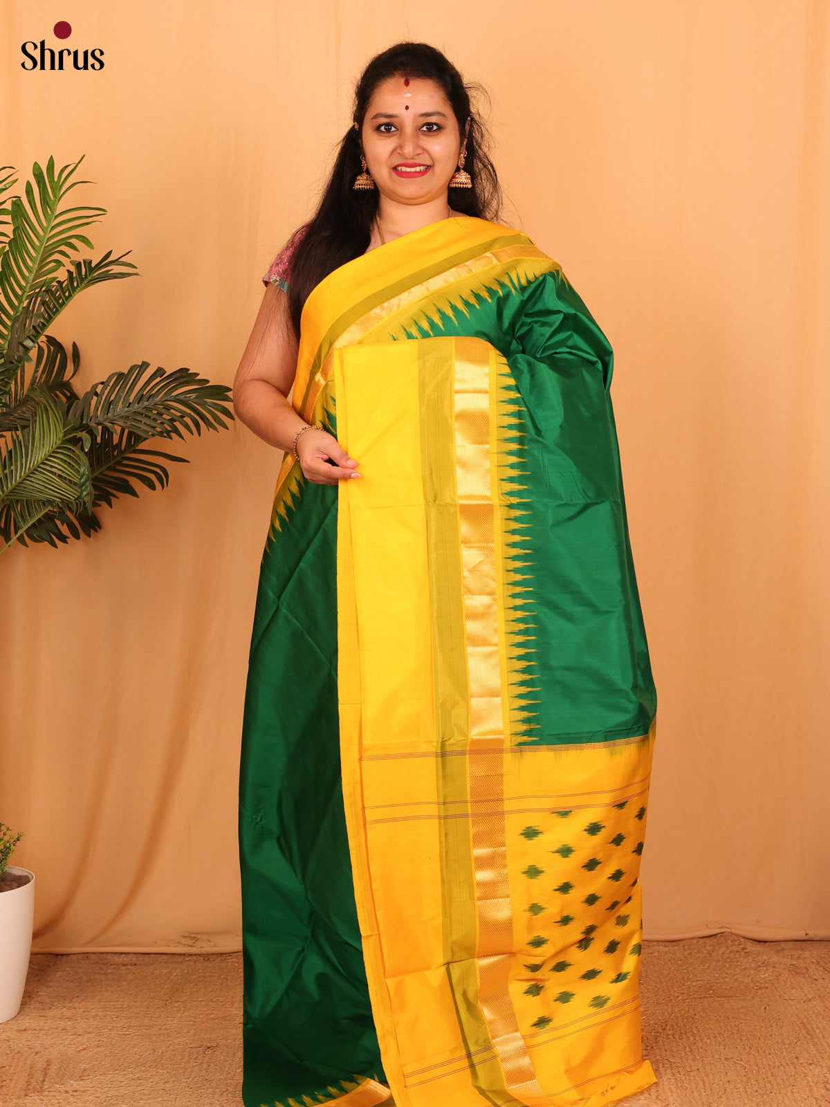 Green & Yellow - Ikkat Silk Saree - Shop on Shrus.com