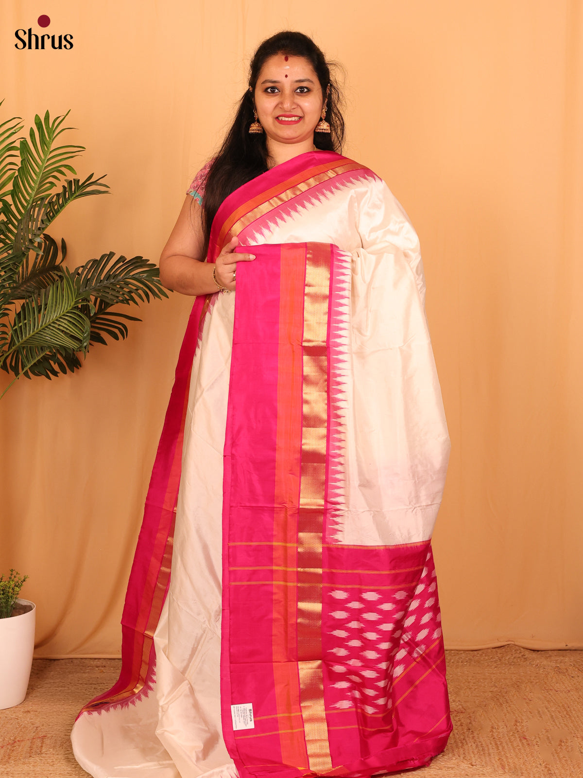Cream & Pink - Ikkat Silk Saree - Shop on Shrus.com