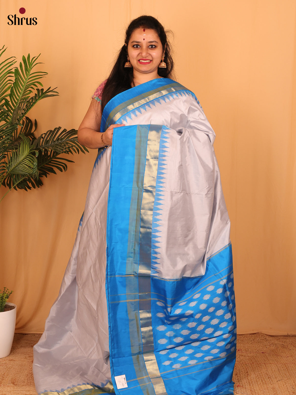 Grey & Blue - Ikkat Silk Saree - Shop on Shrus.com