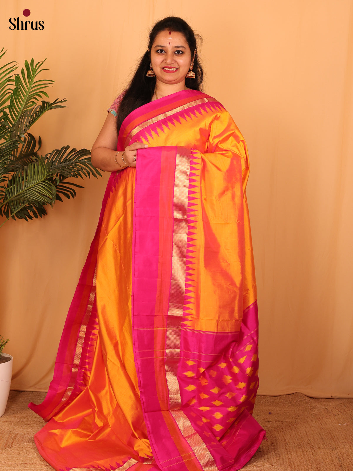 Mambazha Yellow & Pink - Ikkat Silk Saree - Shop on Shrus.com