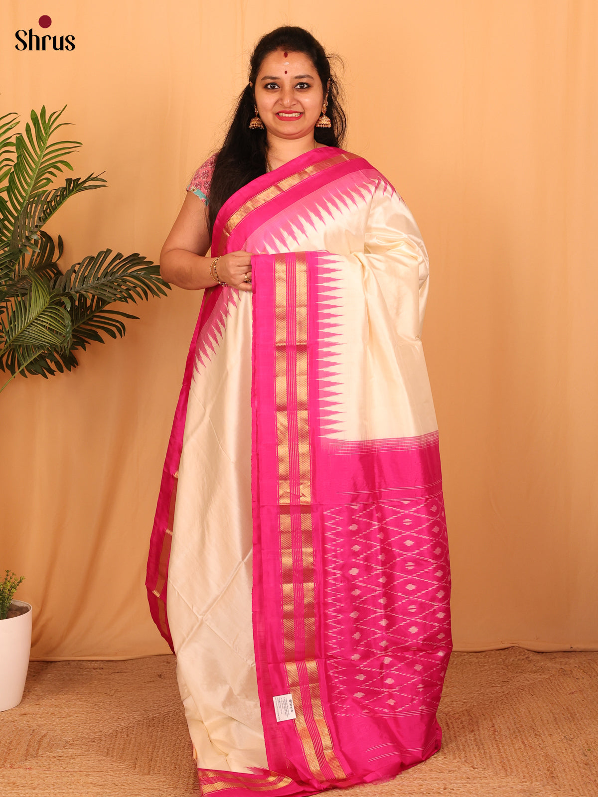 Cream & Pink - Ikkat Silk Saree - Shop on Shrus.com