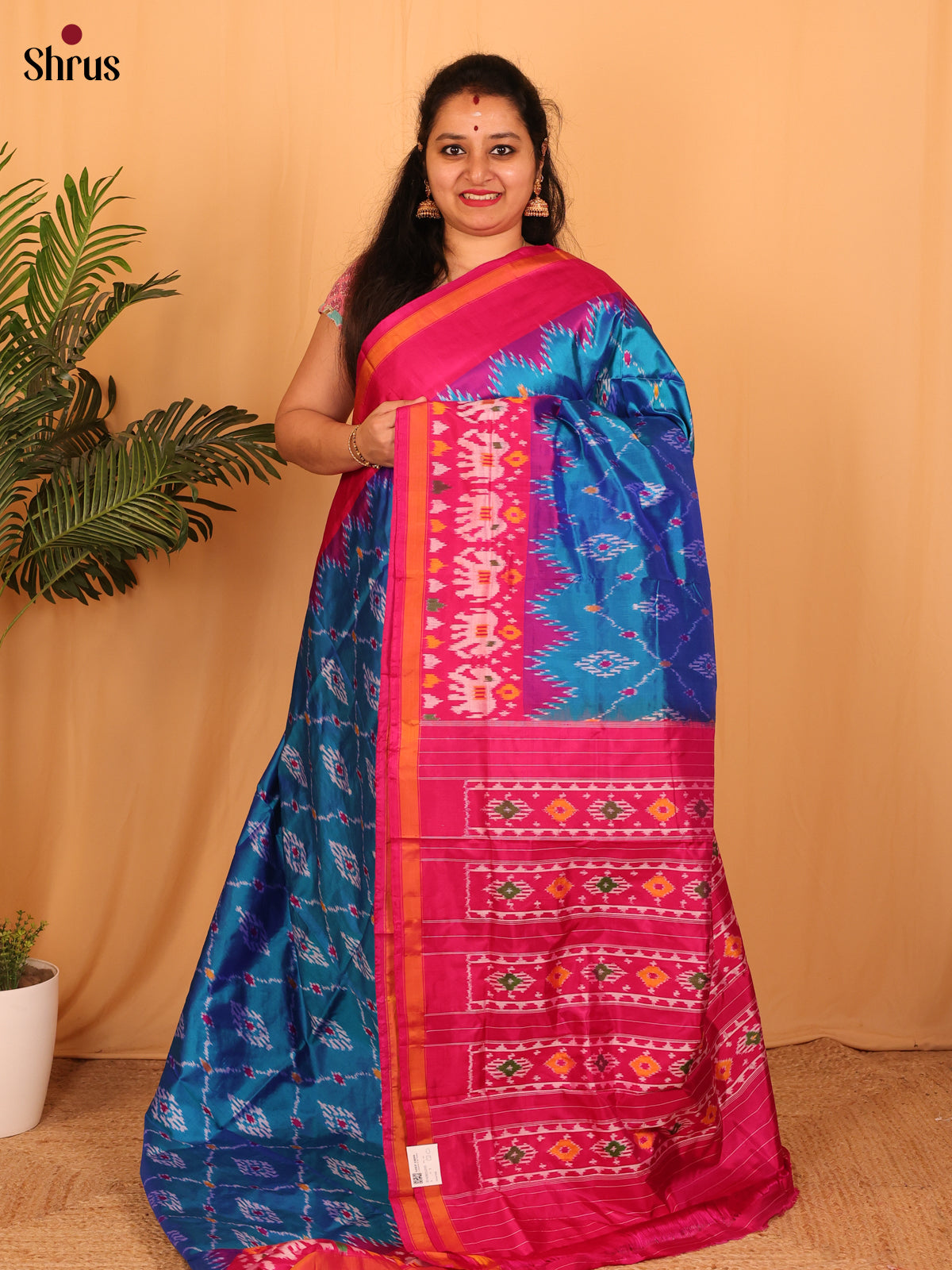 Blue & Pink - Ikkat Silk Saree - Shop on Shrus.com
