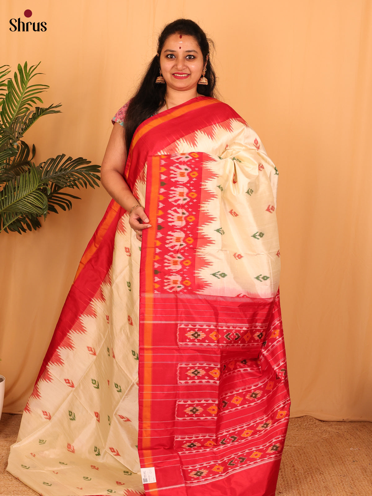 Cream & Red- Ikkat Silk Saree - Shop on Shrus.com
