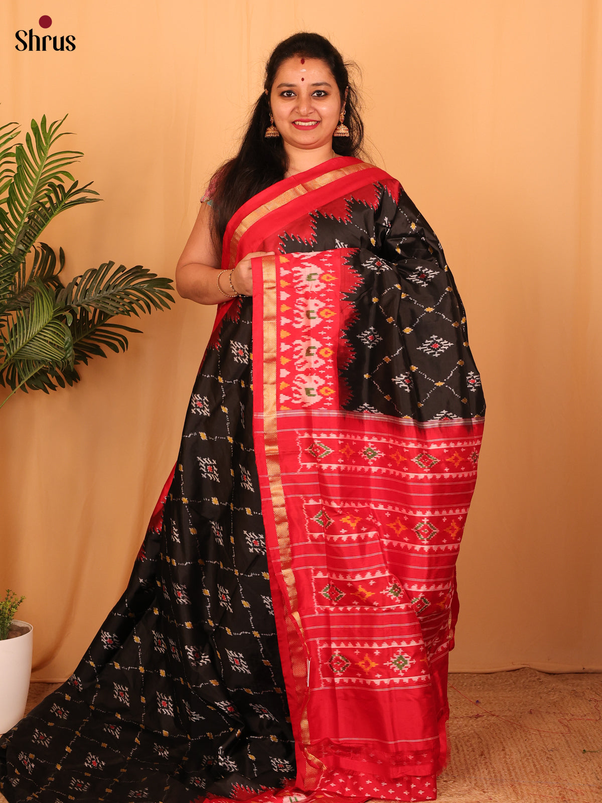Black & Red - Ikkat Silk Saree - Shop on Shrus.com