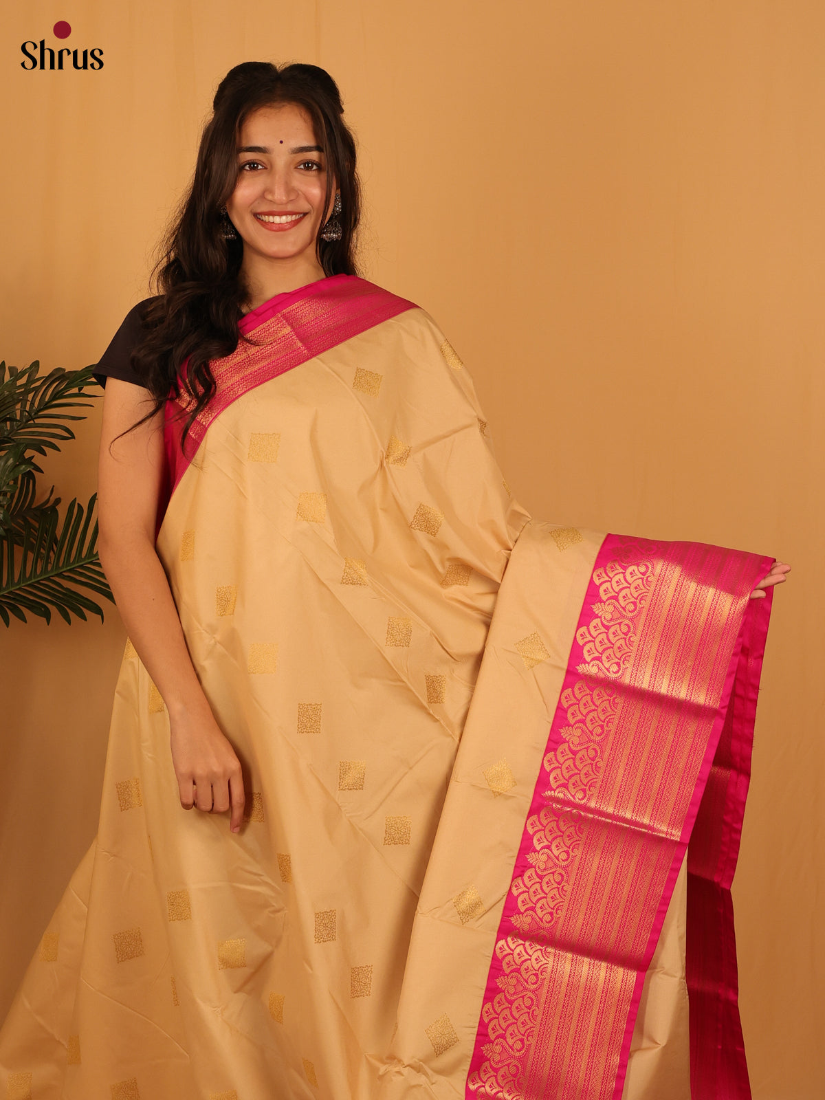 Beige & Pink - Bangalori silk Saree - Shop on Shrus.com
