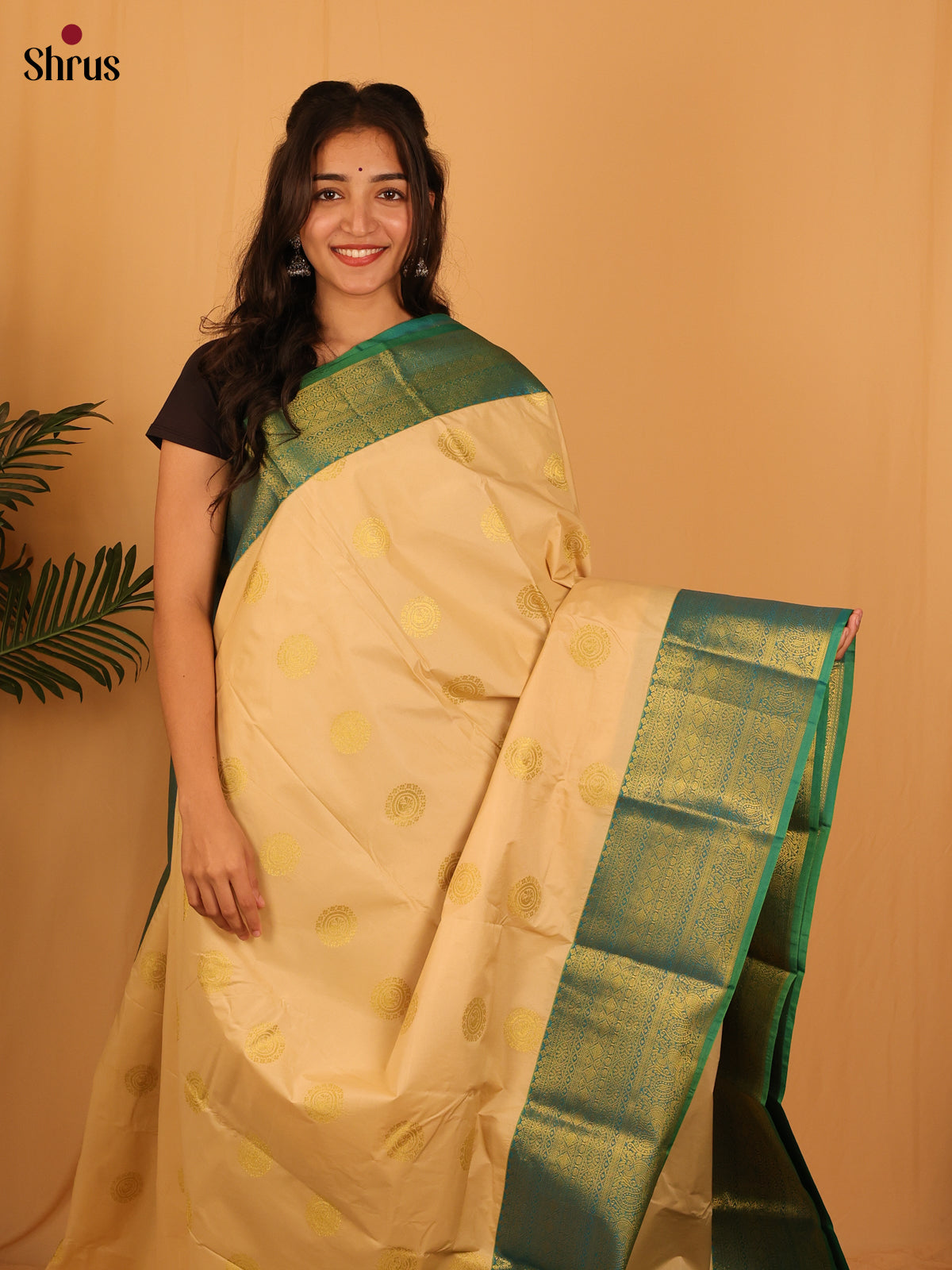 Beige & Green- Bangalori silk Saree - Shop on Shrus.com