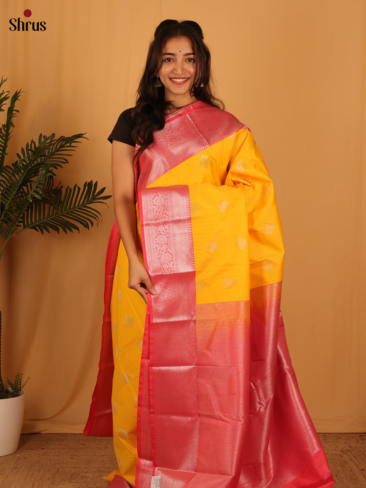 Yellow & Pink - Bangalori silk Saree - Shop on Shrus.com