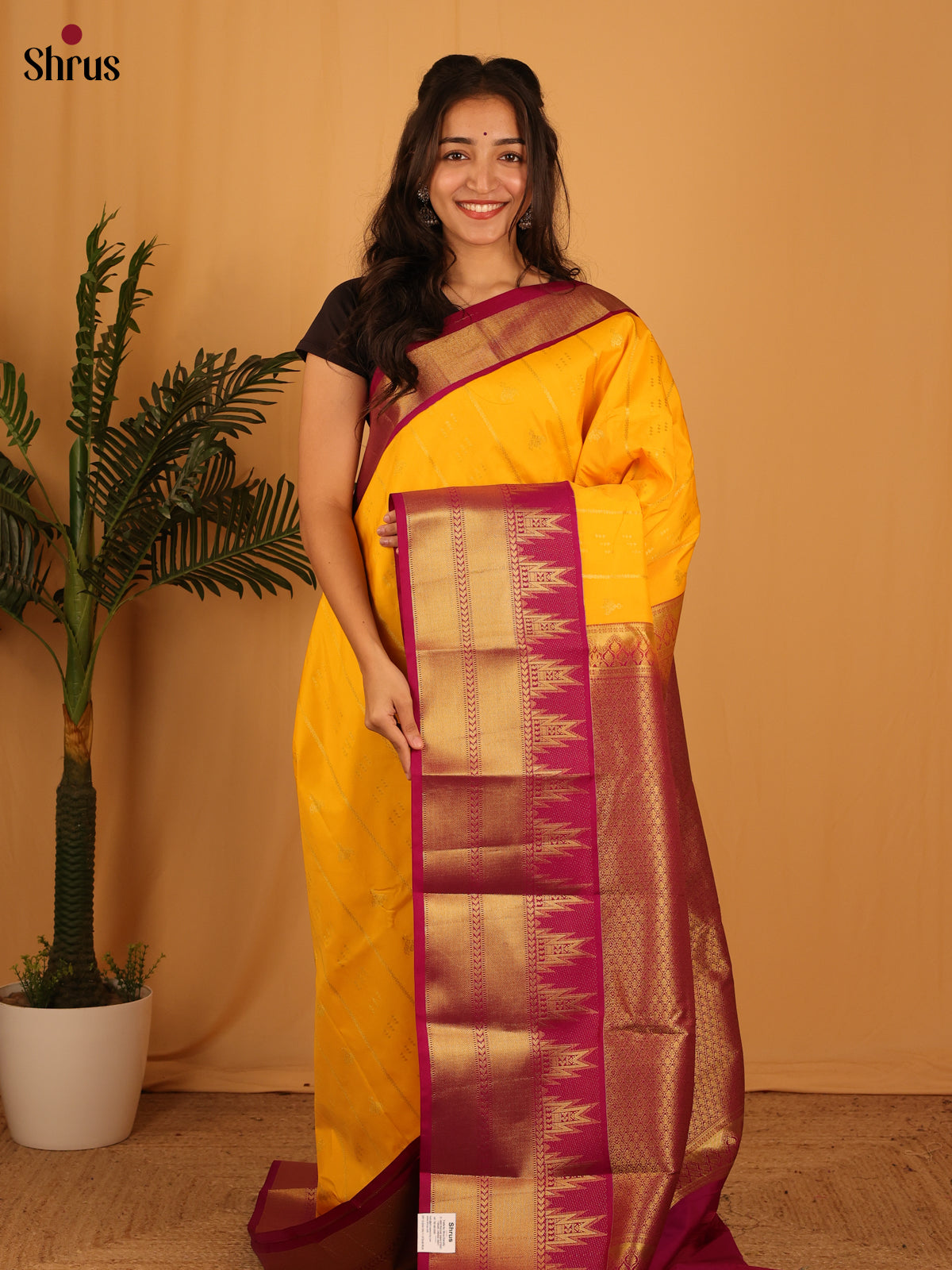 Yellow & Maroon - Bangalori silk Saree - Shop on Shrus.com