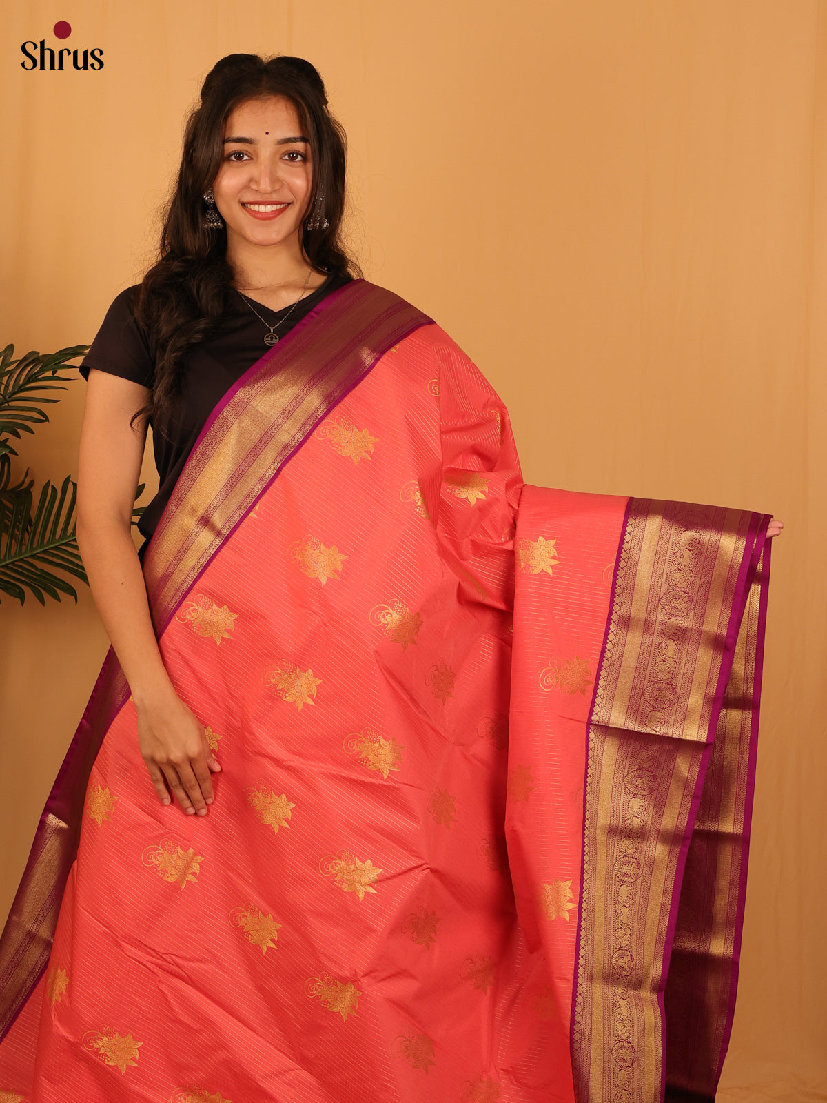 Peachish Pink & Purple - Bangalori silk Saree - Shop on Shrus.com