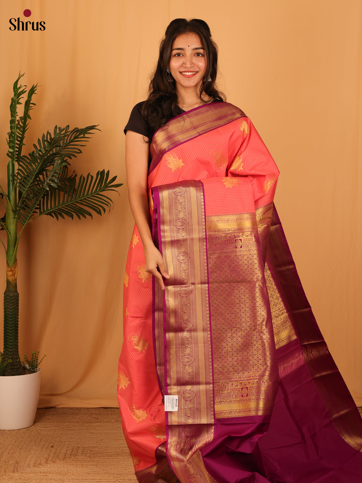 Peachish Pink & Purple - Bangalori silk Saree - Shop on Shrus.com