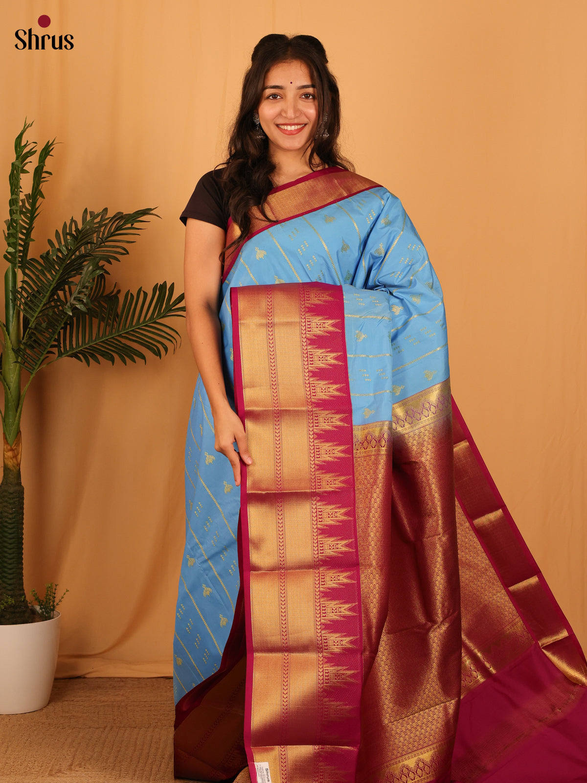 Blue & Maroon - Bangalori silk Saree - Shop on Shrus.com