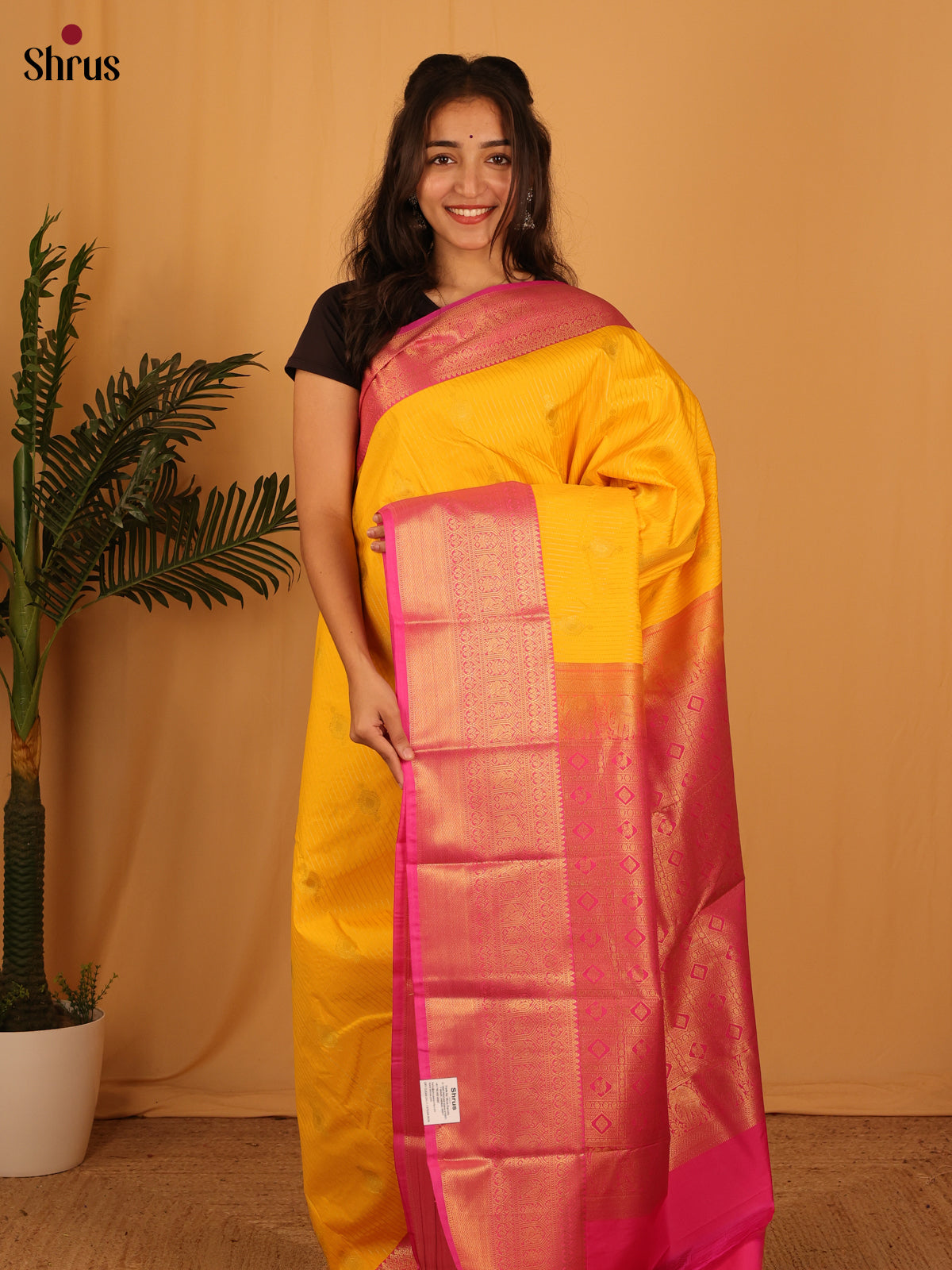 Yellow & Pink - Bangalori silk Saree - Shop on Shrus.com