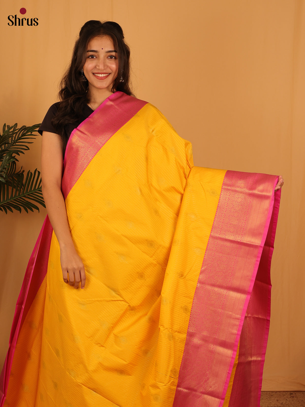 Yellow & Pink - Bangalori silk Saree - Shop on Shrus.com