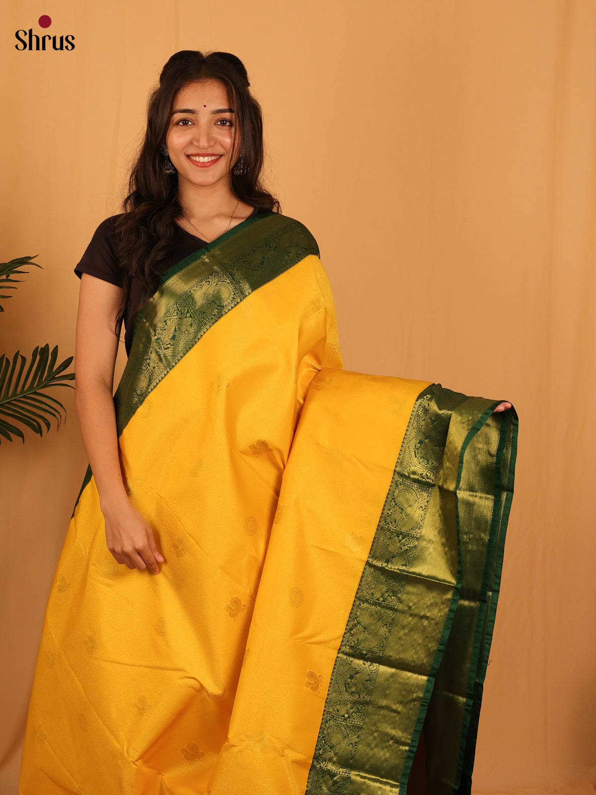Yellow & Bottle Green- Bangalori silk Saree - Shop on Shrus.com