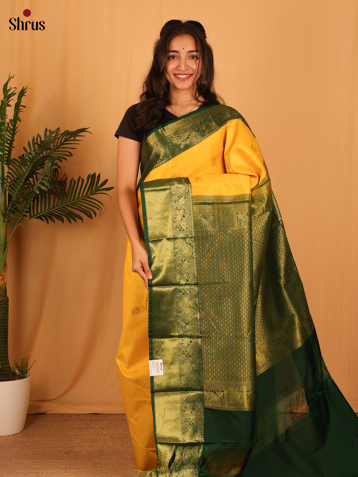 Yellow & Bottle Green- Bangalori silk Saree - Shop on Shrus.com