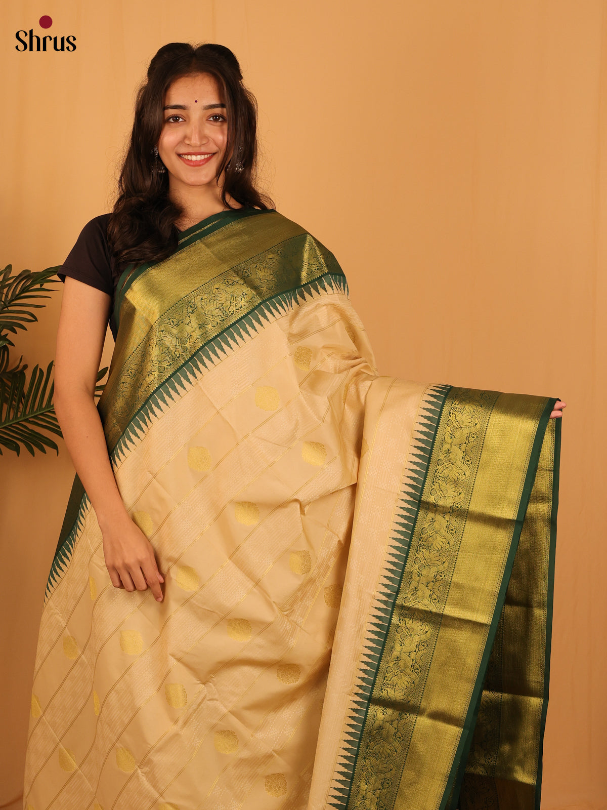 Beige & Green- Bangalori silk Saree - Shop on Shrus.com