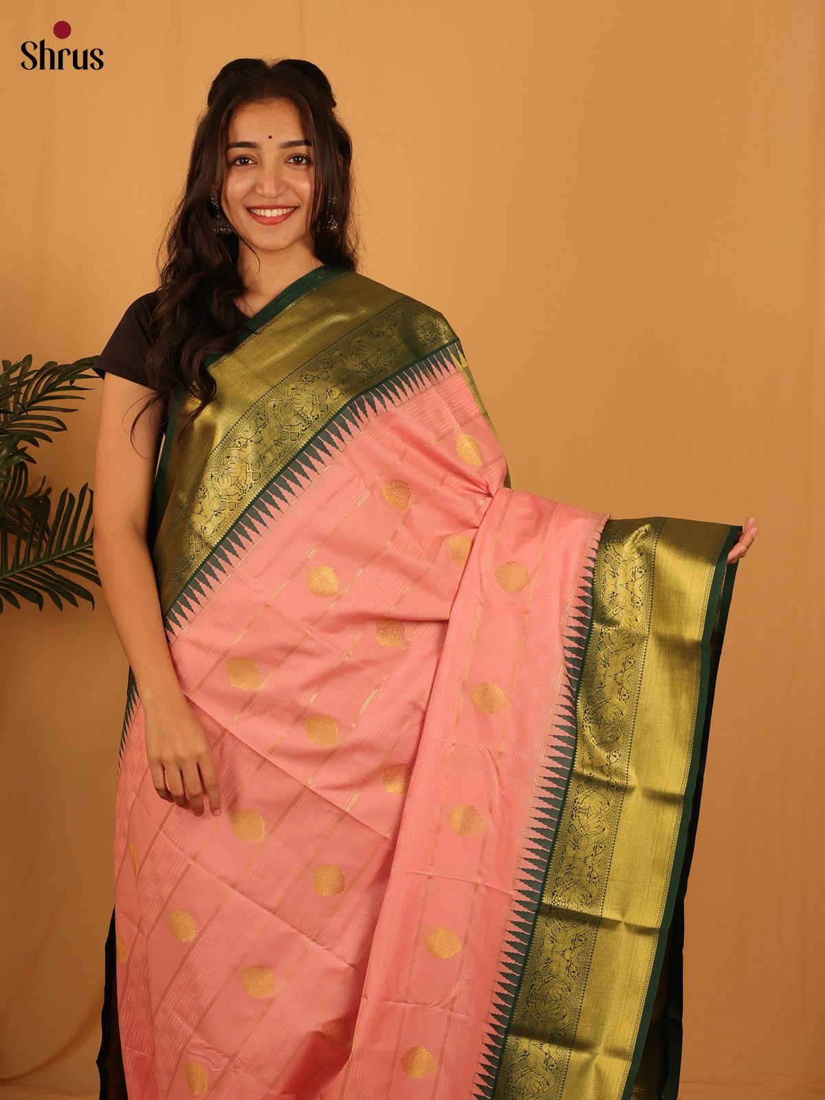 Peachish Pink & Green - Bangalori silk Saree - Shop on Shrus.com